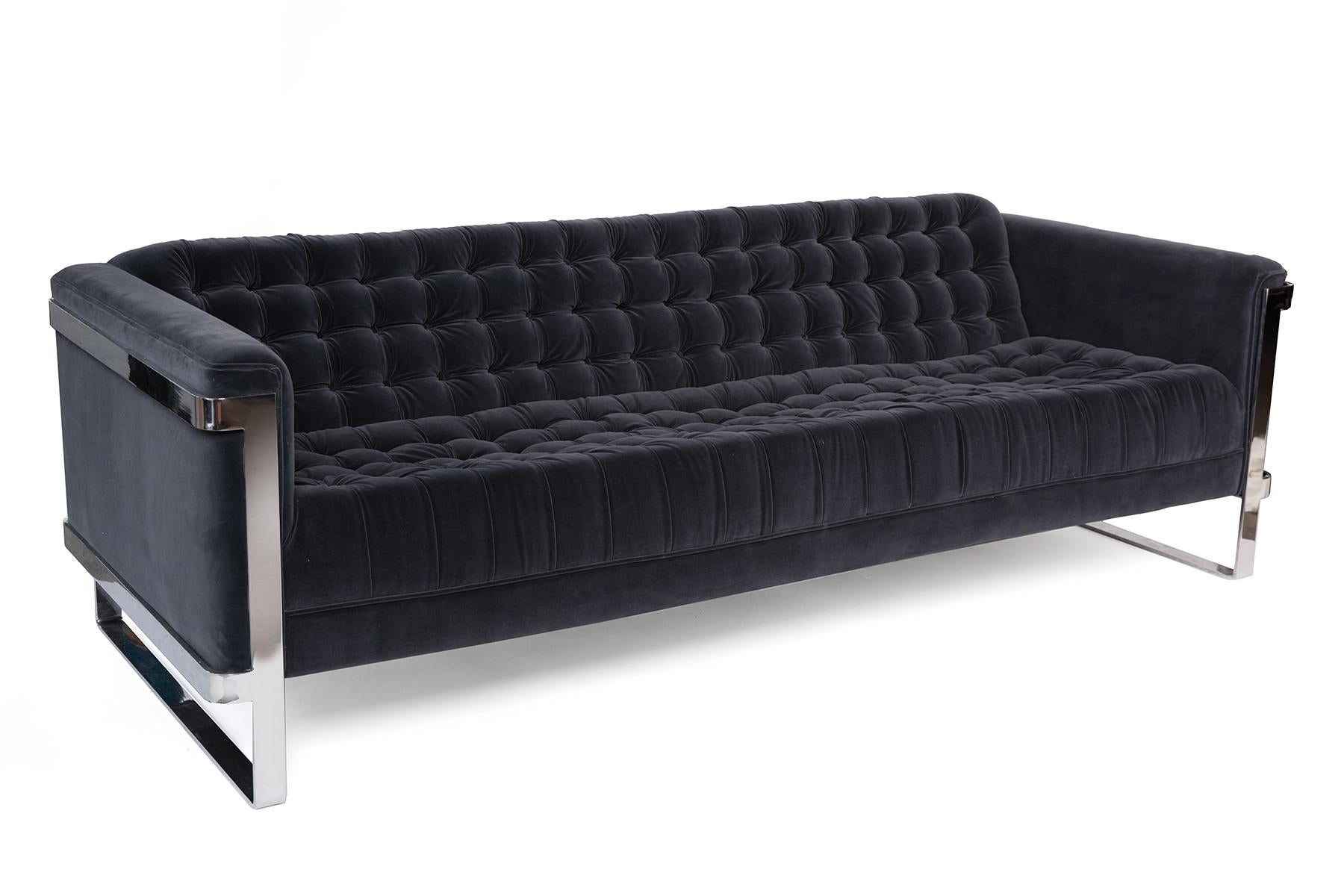 Mid-Century Modern Tufted Slate Grey Velvet Sofa with Chrome Trim