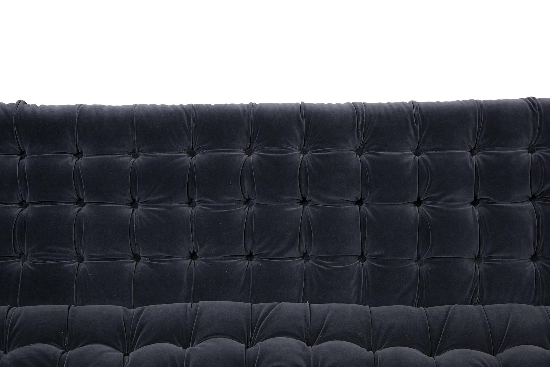 Tufted Slate Grey Velvet Sofa with Chrome Trim In Good Condition In Phoenix, AZ