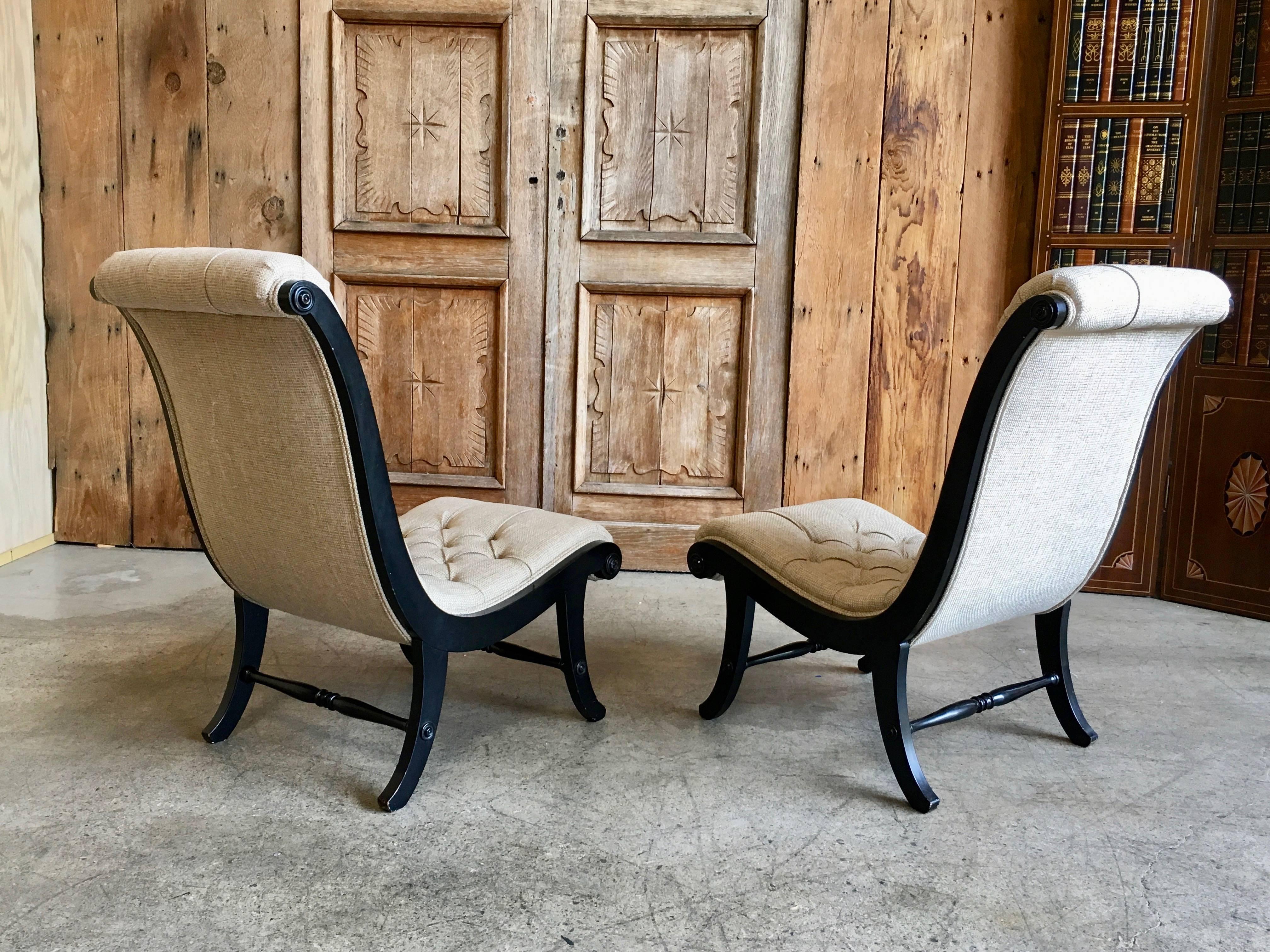 Ebonized Tufted Slipper Chairs