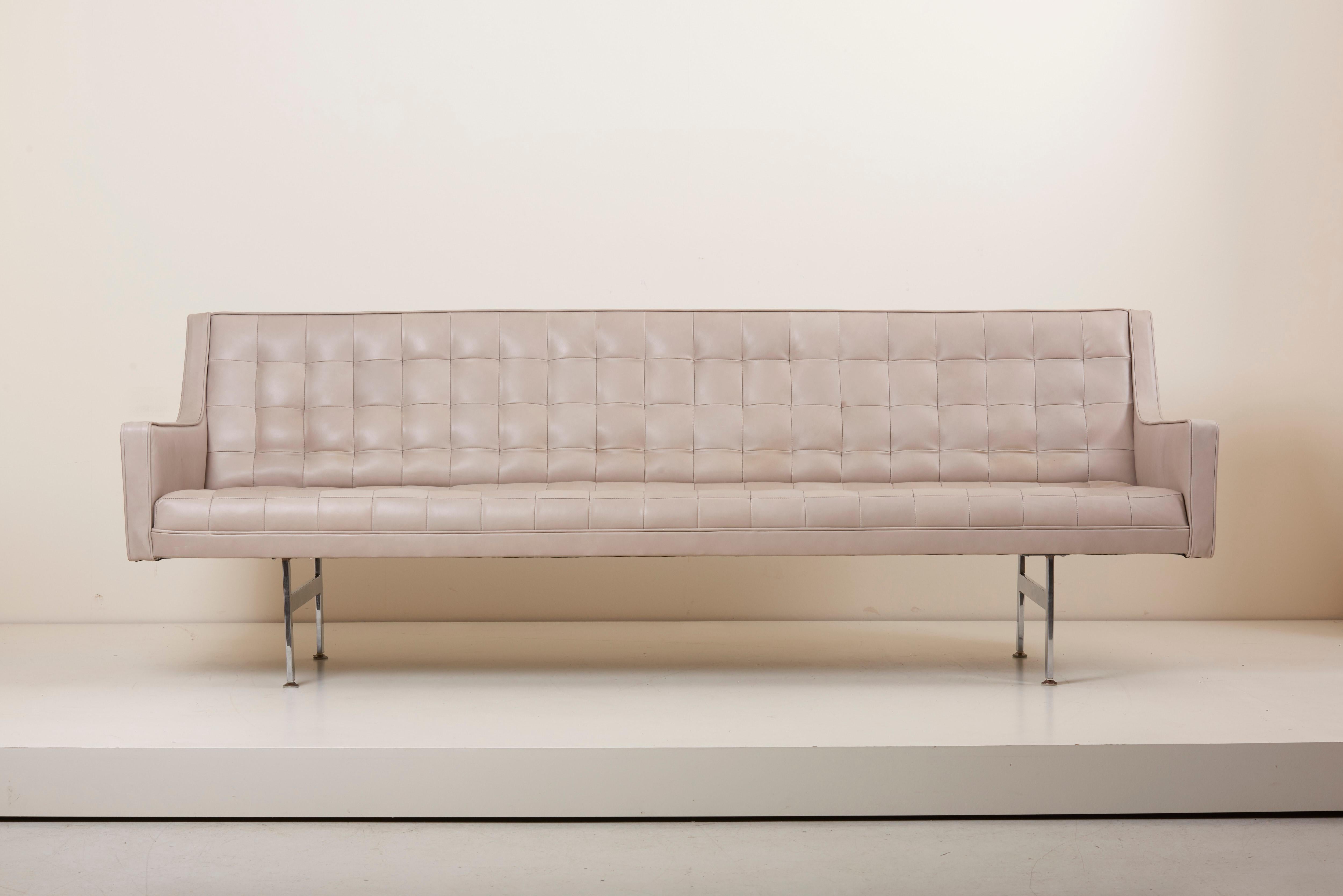 Milo Baughman for Thayer Coggin tufted sofa. New upholstered in grey leather with chrome legs.