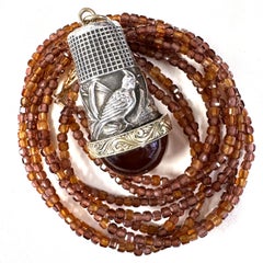 "Tufted" Sterling Thimble Fob with Hessonite Cabochon and 14K Gold Ring Detail