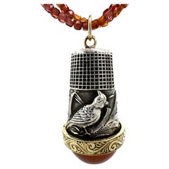 "Tufted" Sterling Thimble Fob with 41ct Hessonite Cabochon and Gold Ring Detail