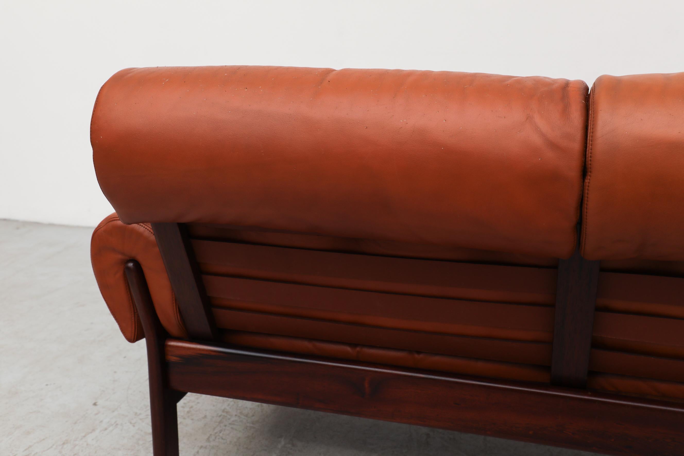 Tufted Terracotta Leather and Rosewood Sofa by Coja 2