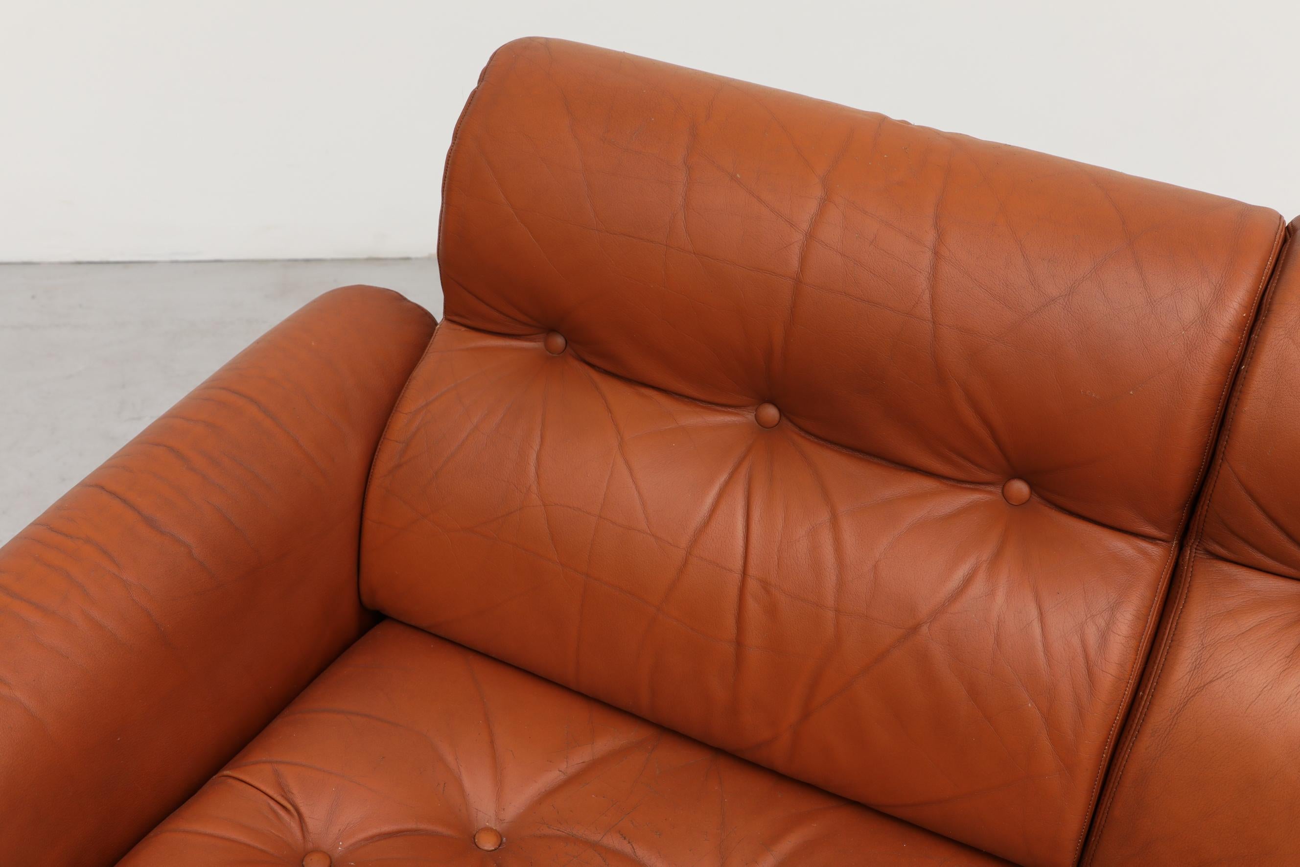 Tufted Terracotta Leather and Rosewood Sofa by Coja 6
