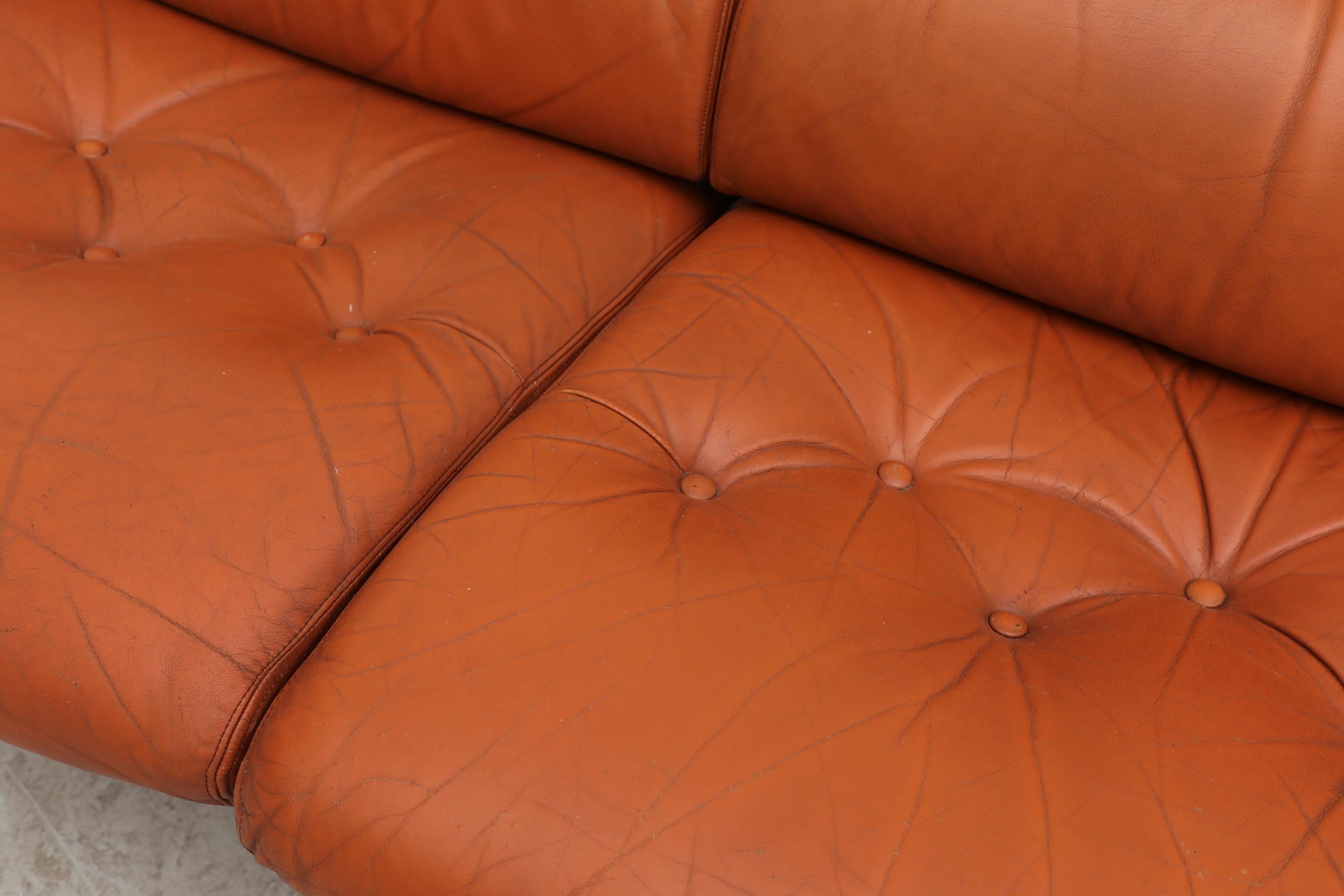 Tufted Terracotta Leather and Rosewood Sofa by Coja 7