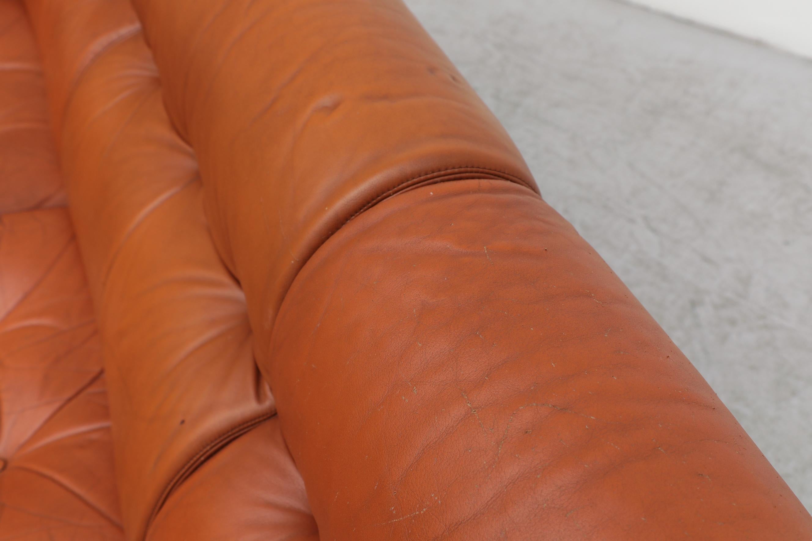 Tufted Terracotta Leather and Rosewood Sofa by Coja 11