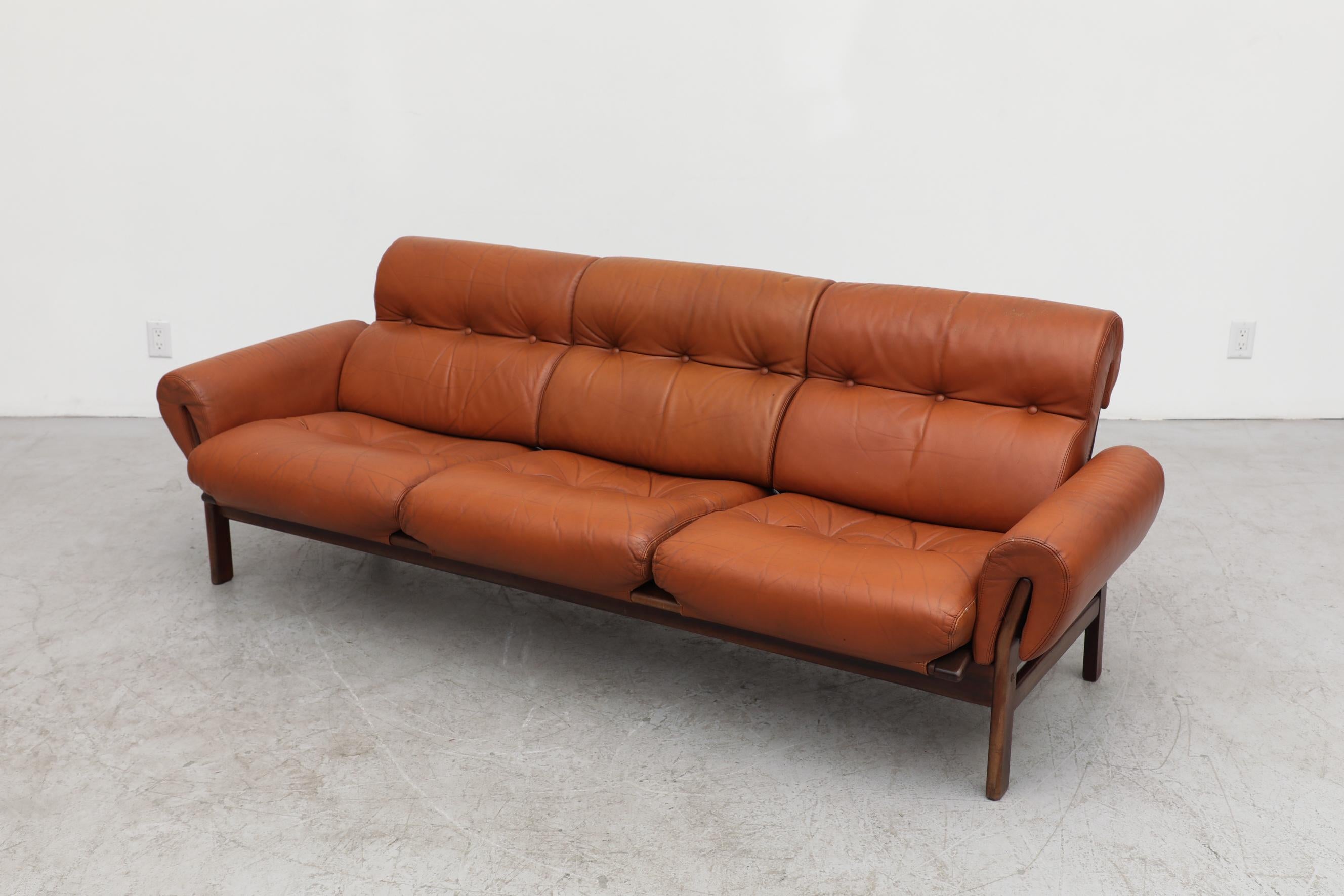 Swedish Tufted Terracotta Leather and Rosewood Sofa by Coja