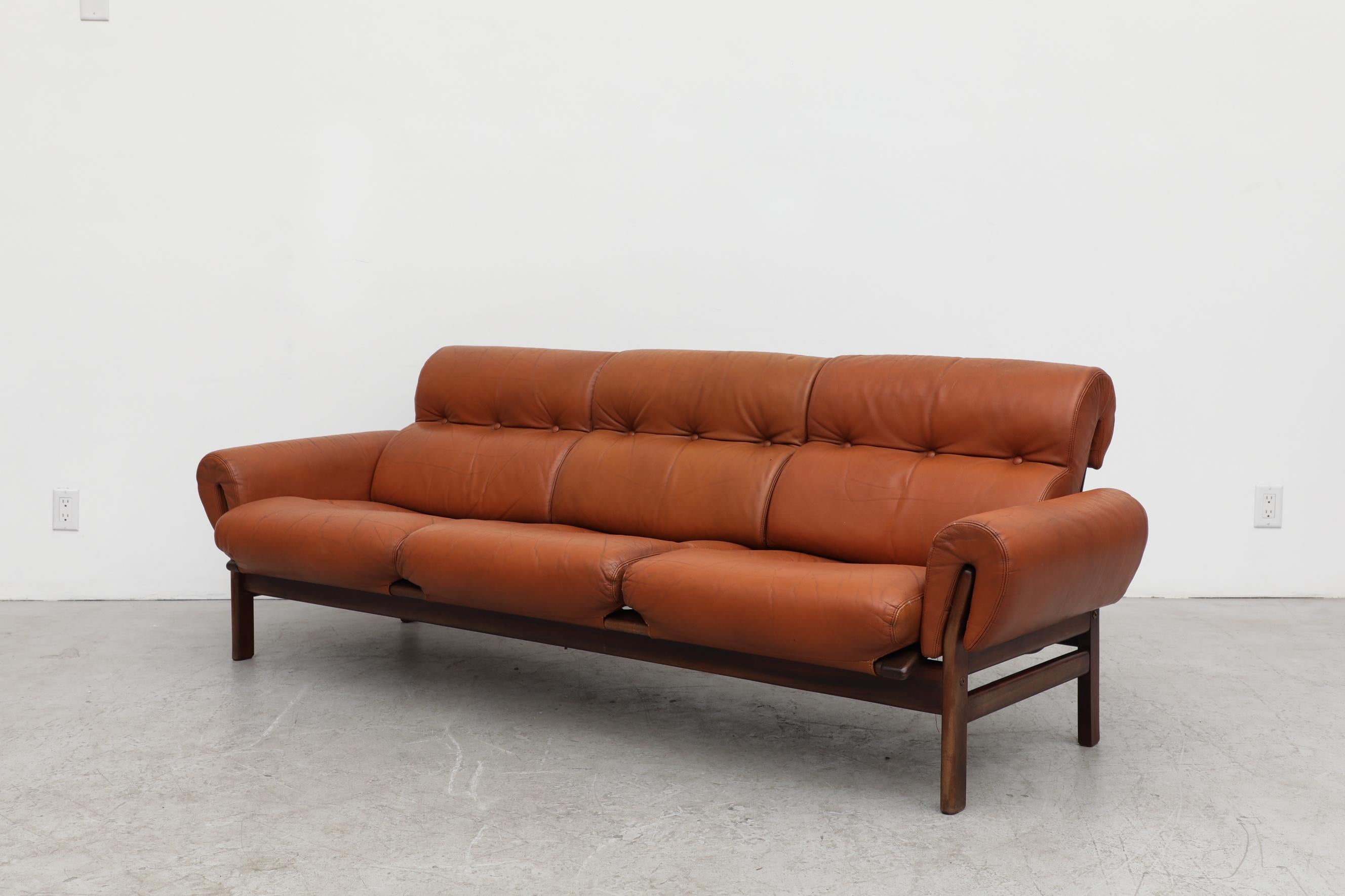 Tufted Terracotta Leather and Rosewood Sofa by Coja In Good Condition In Los Angeles, CA