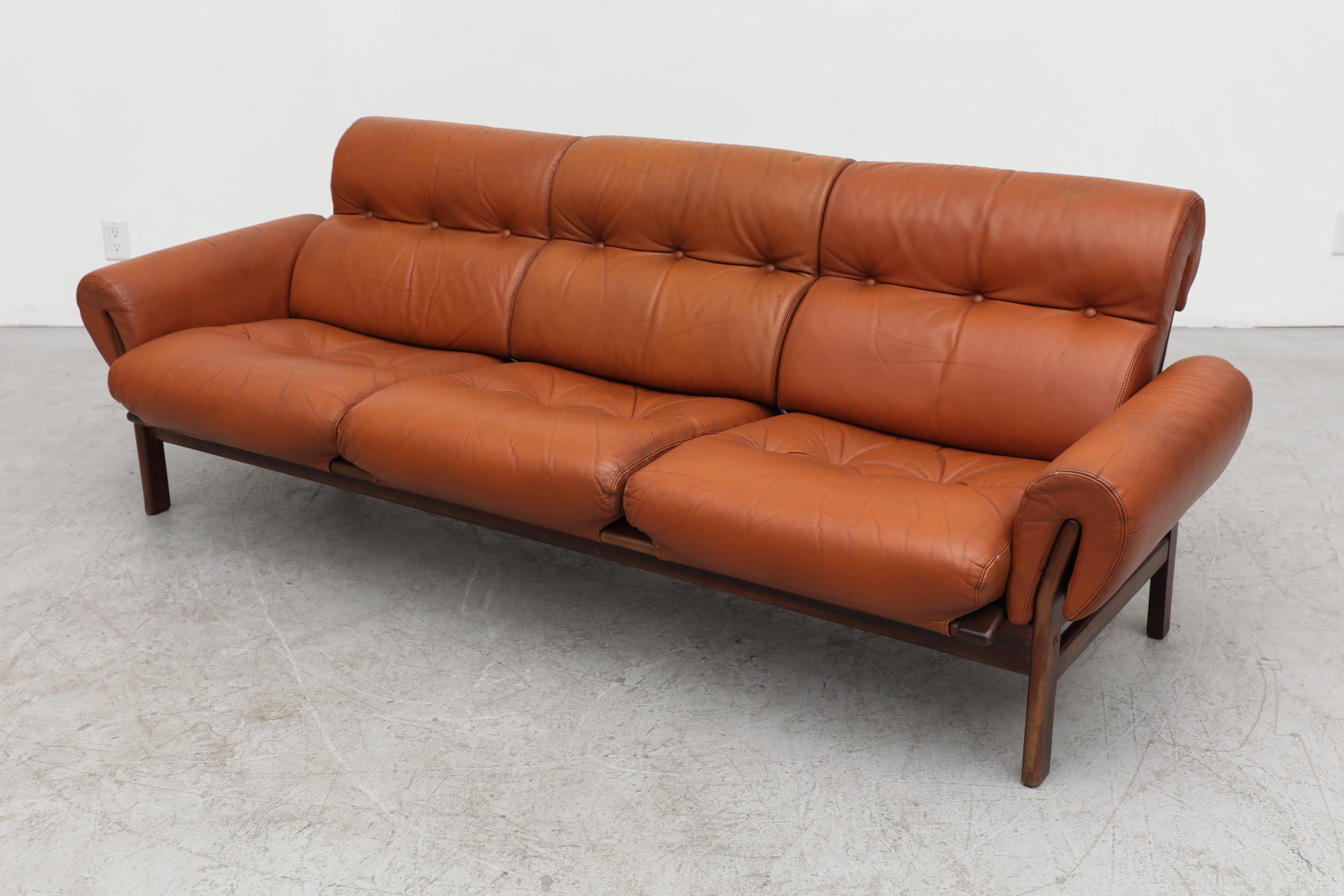 Late 20th Century Tufted Terracotta Leather and Rosewood Sofa by Coja