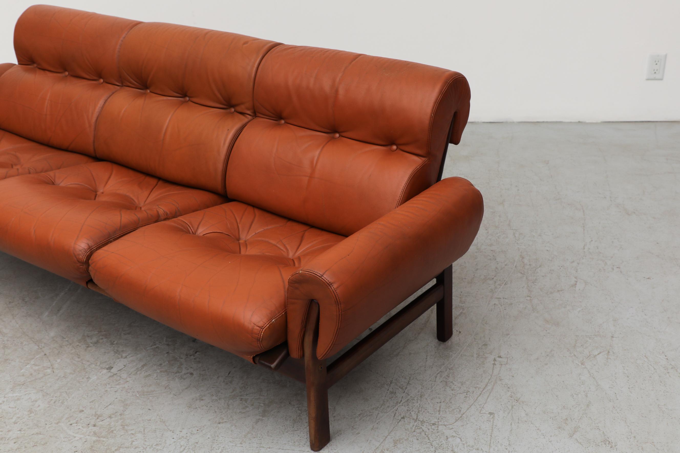 Tufted Terracotta Leather and Rosewood Sofa by Coja 1