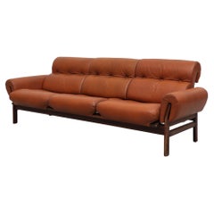 Tufted Terracotta Leather and Rosewood Sofa by Coja