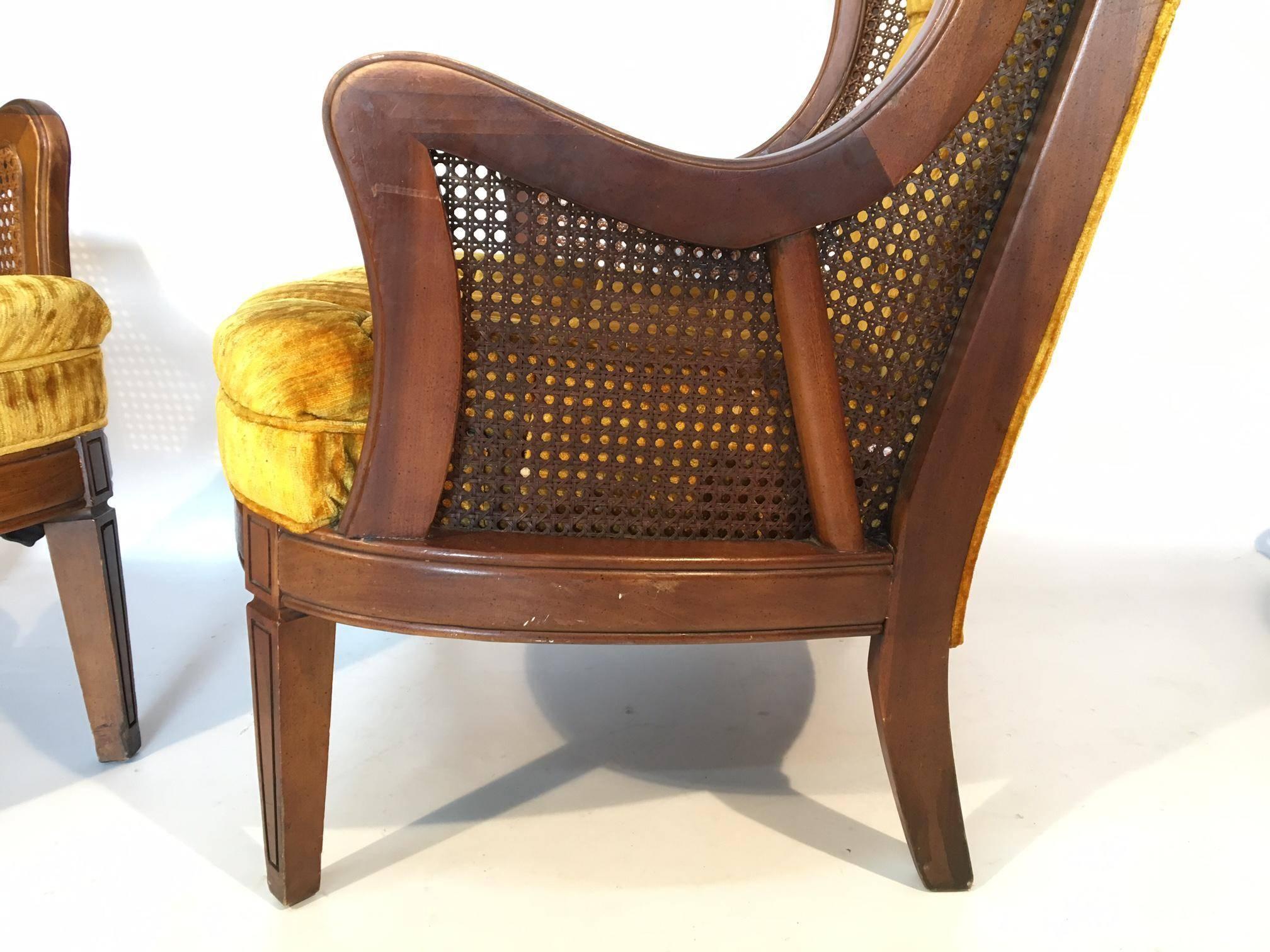 Tufted Velvet Cane Wingback Chairs by Lewittes In Excellent Condition For Sale In Jacksonville, FL