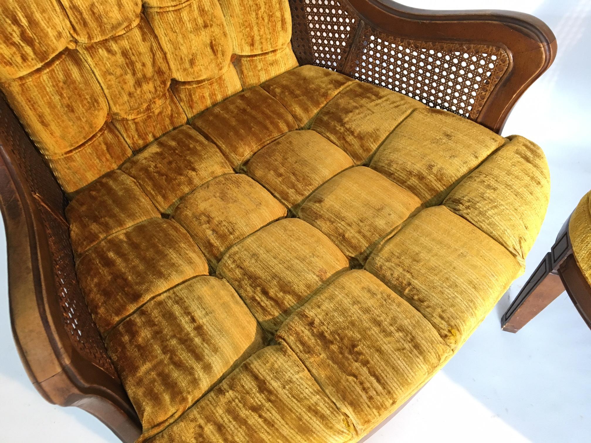 Tufted Velvet Cane Wingback Chairs by Lewittes In Good Condition In Jacksonville, FL