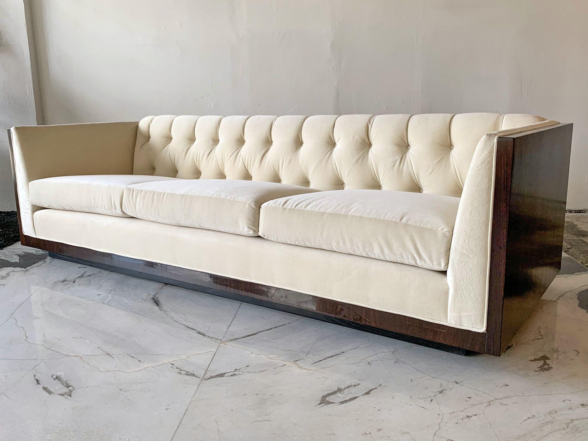 Tufted Velvet Milo Baughman Style Rosewood Case Sofa 2