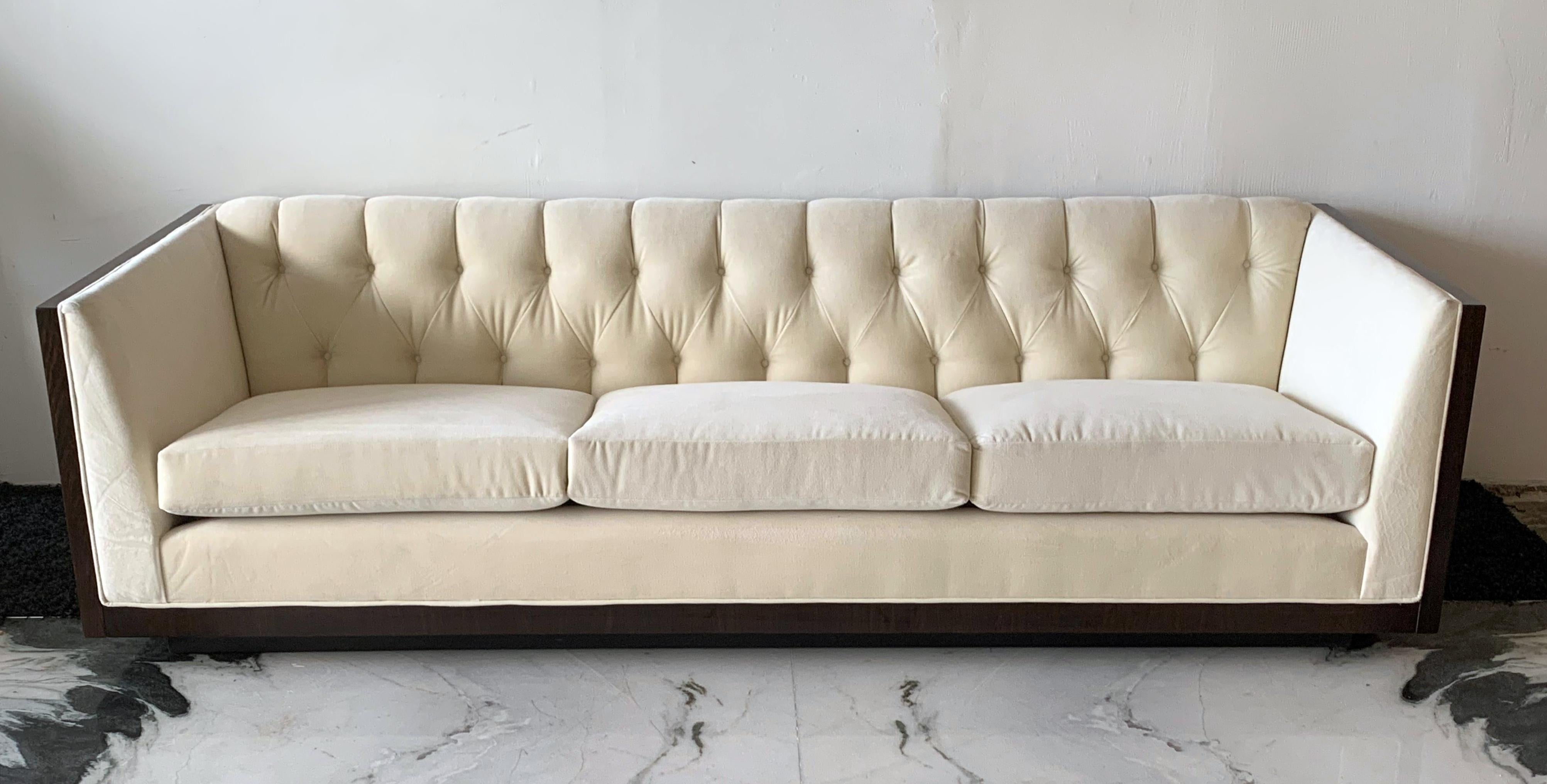 Tufted Velvet Milo Baughman Style Rosewood Case Sofa 3