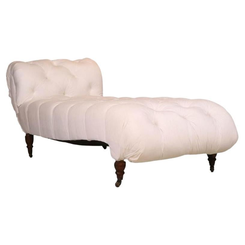Tufted White Empire Style Chaise With Mahogany Legs