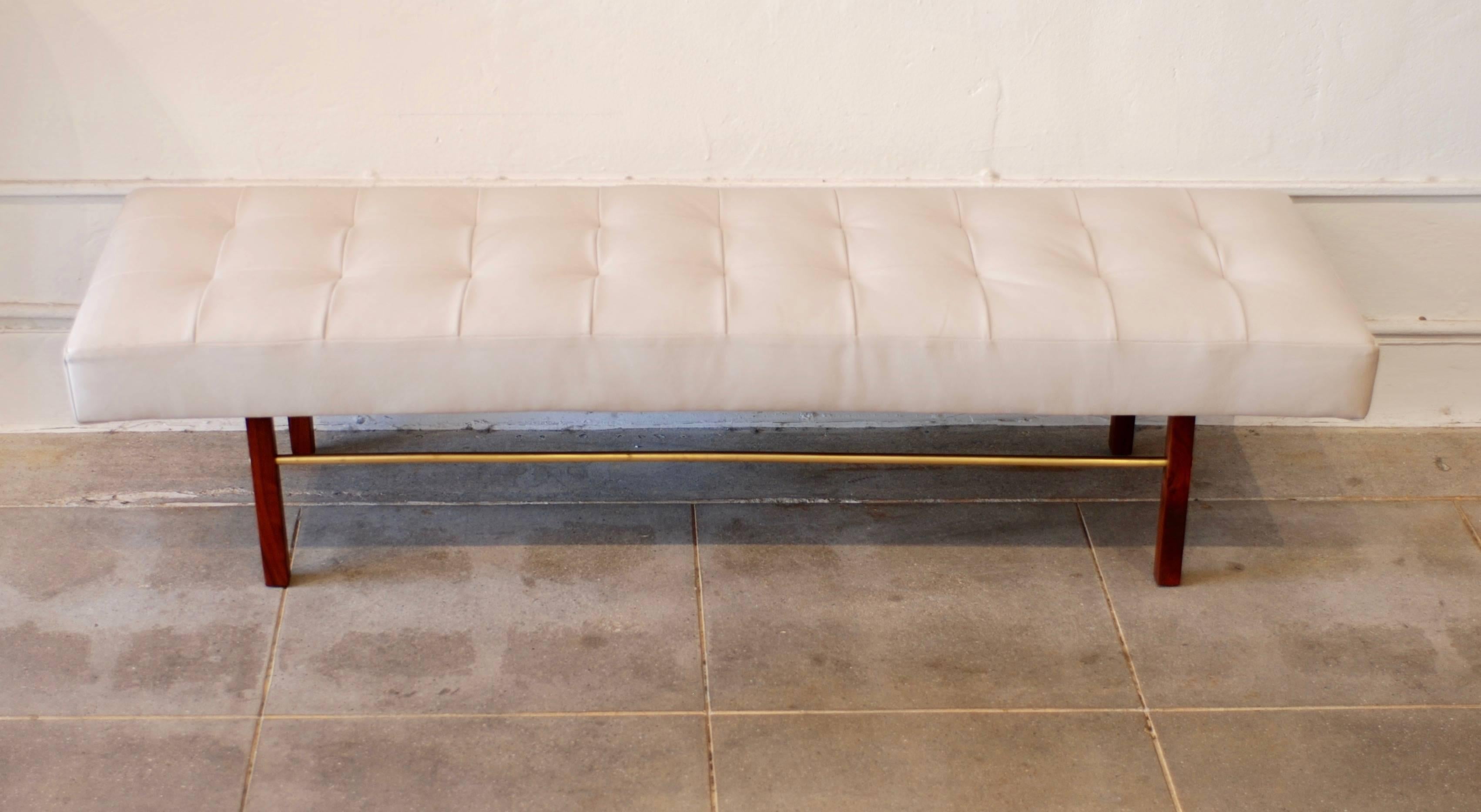 Tufted White Leather and Walnut and Brass Bench 5