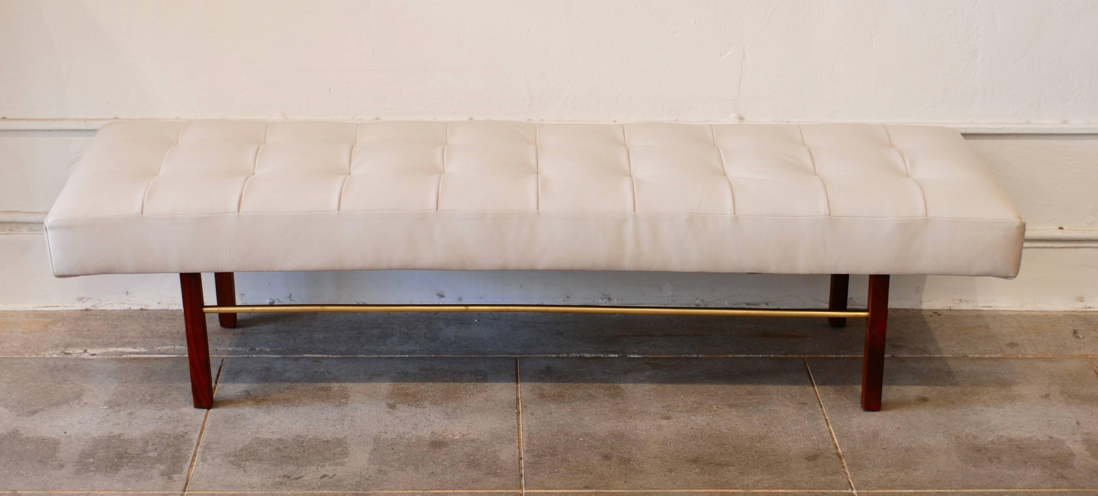 Tufted White Leather and Walnut and Brass Bench 6