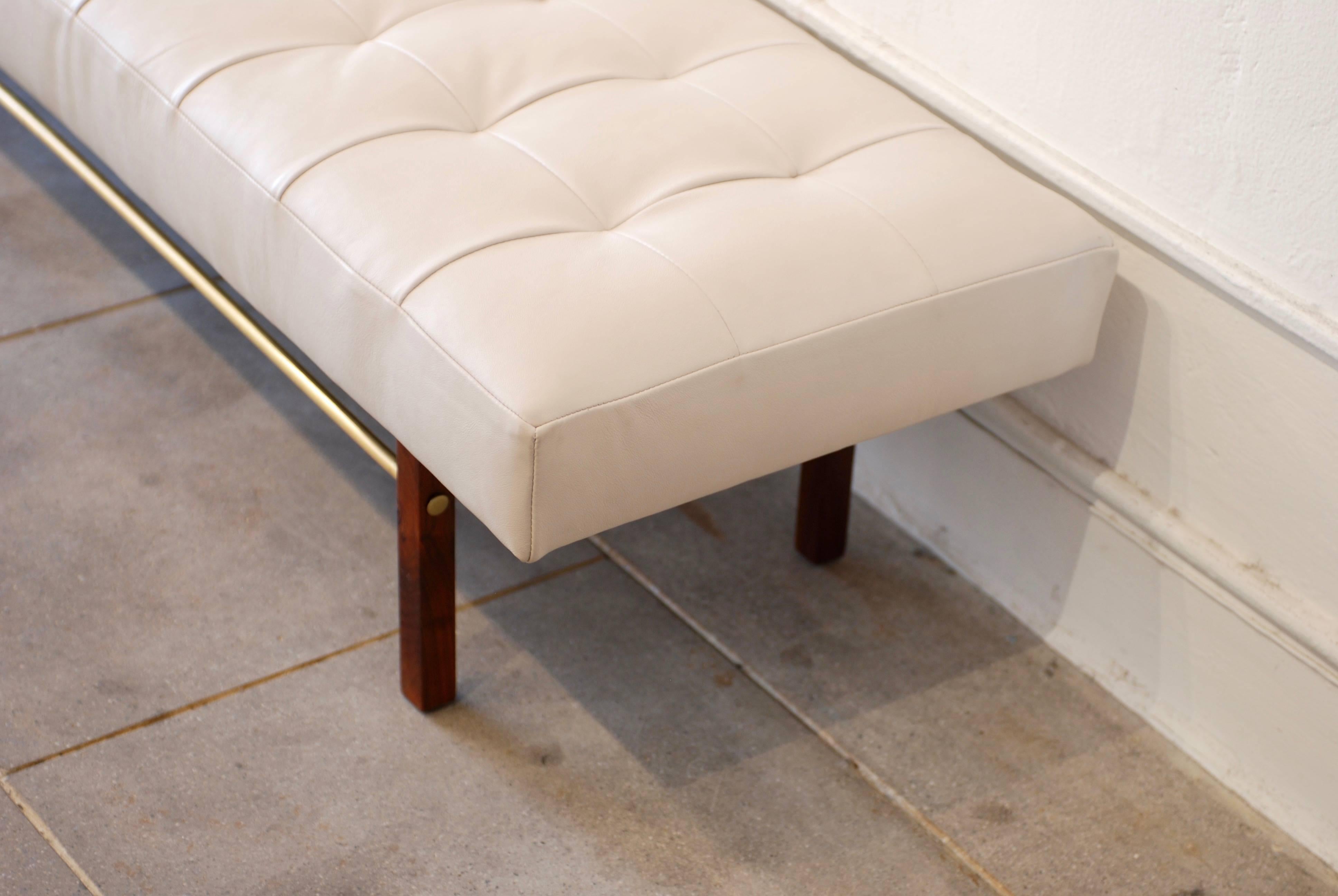 Tufted White Leather and Walnut and Brass Bench 7