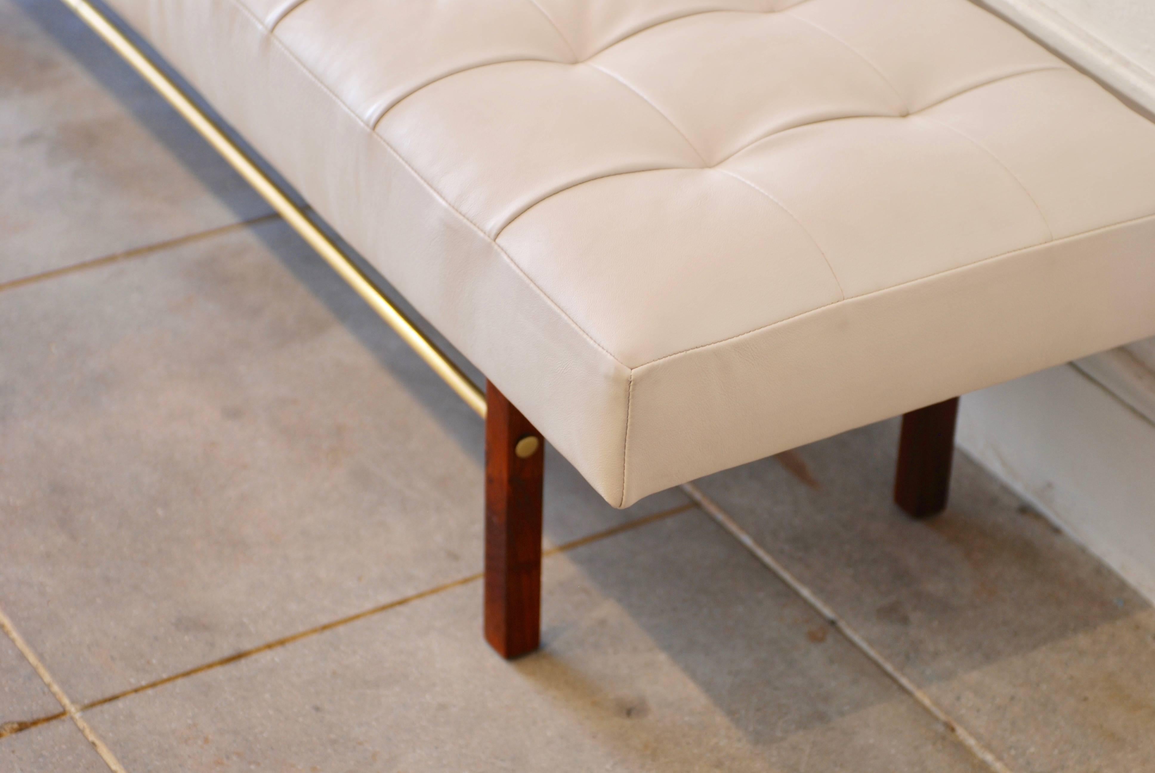 Tufted White Leather and Walnut and Brass Bench 8