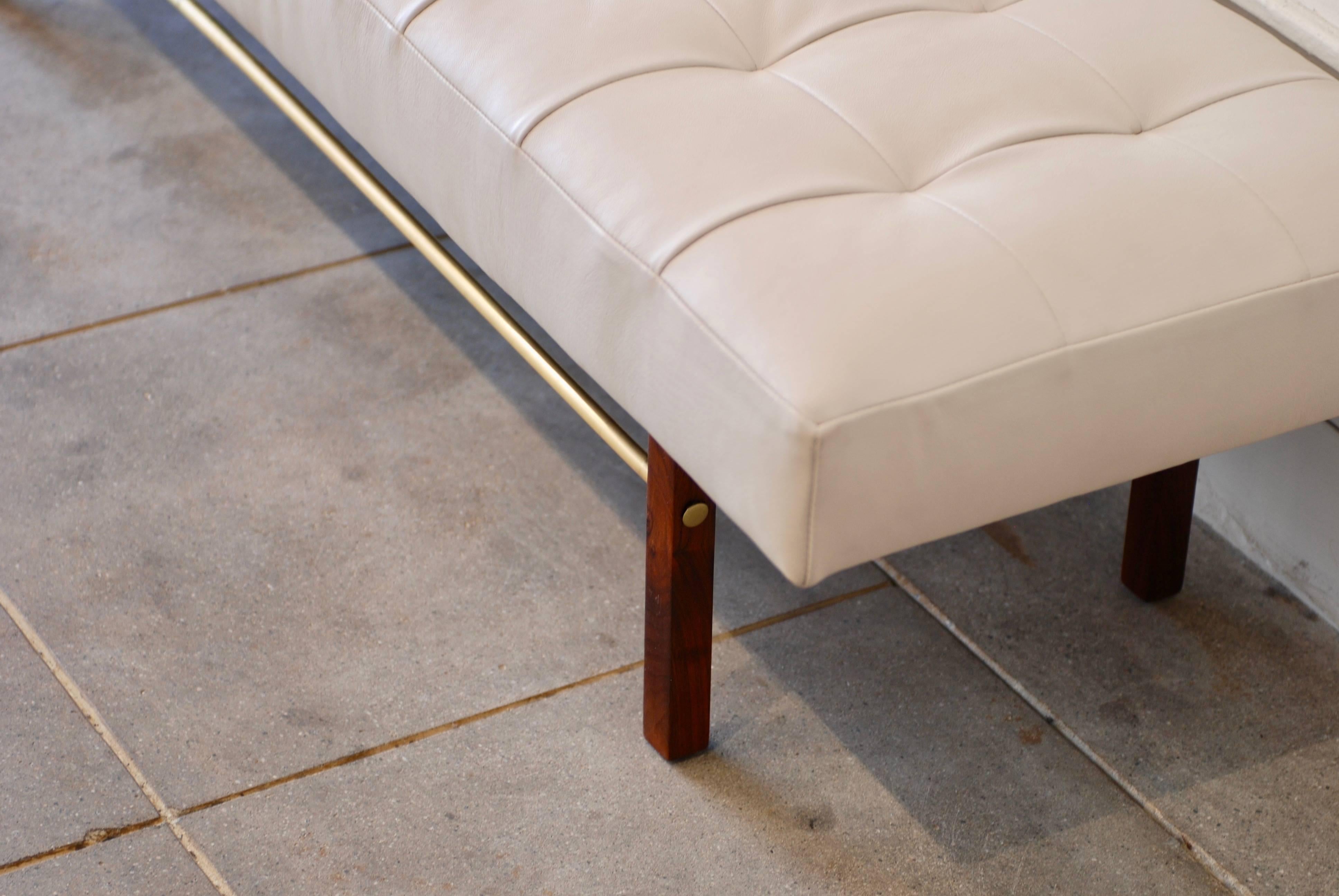 Tufted White Leather and Walnut and Brass Bench 9