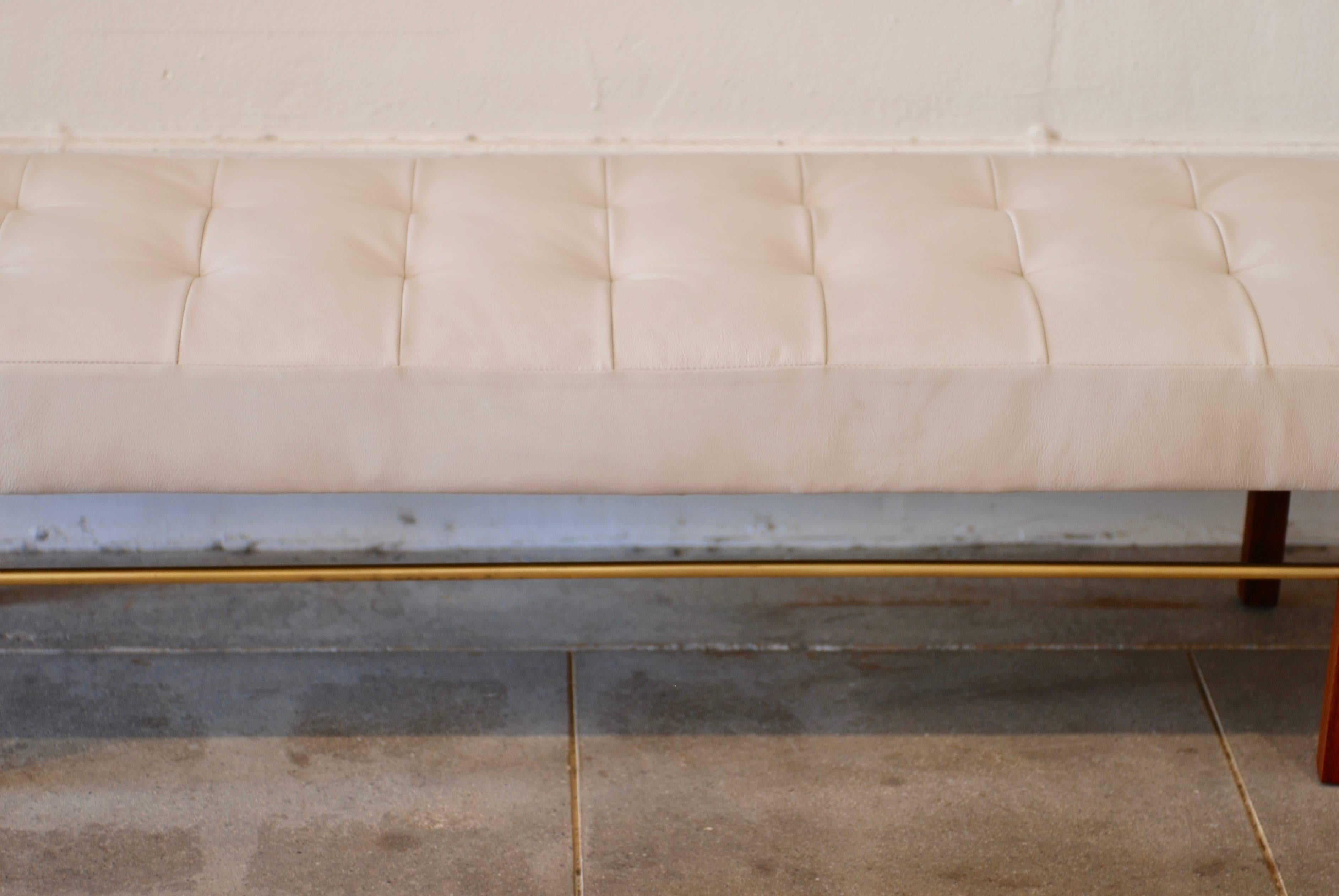 Mid-Century Modern Tufted White Leather and Walnut and Brass Bench