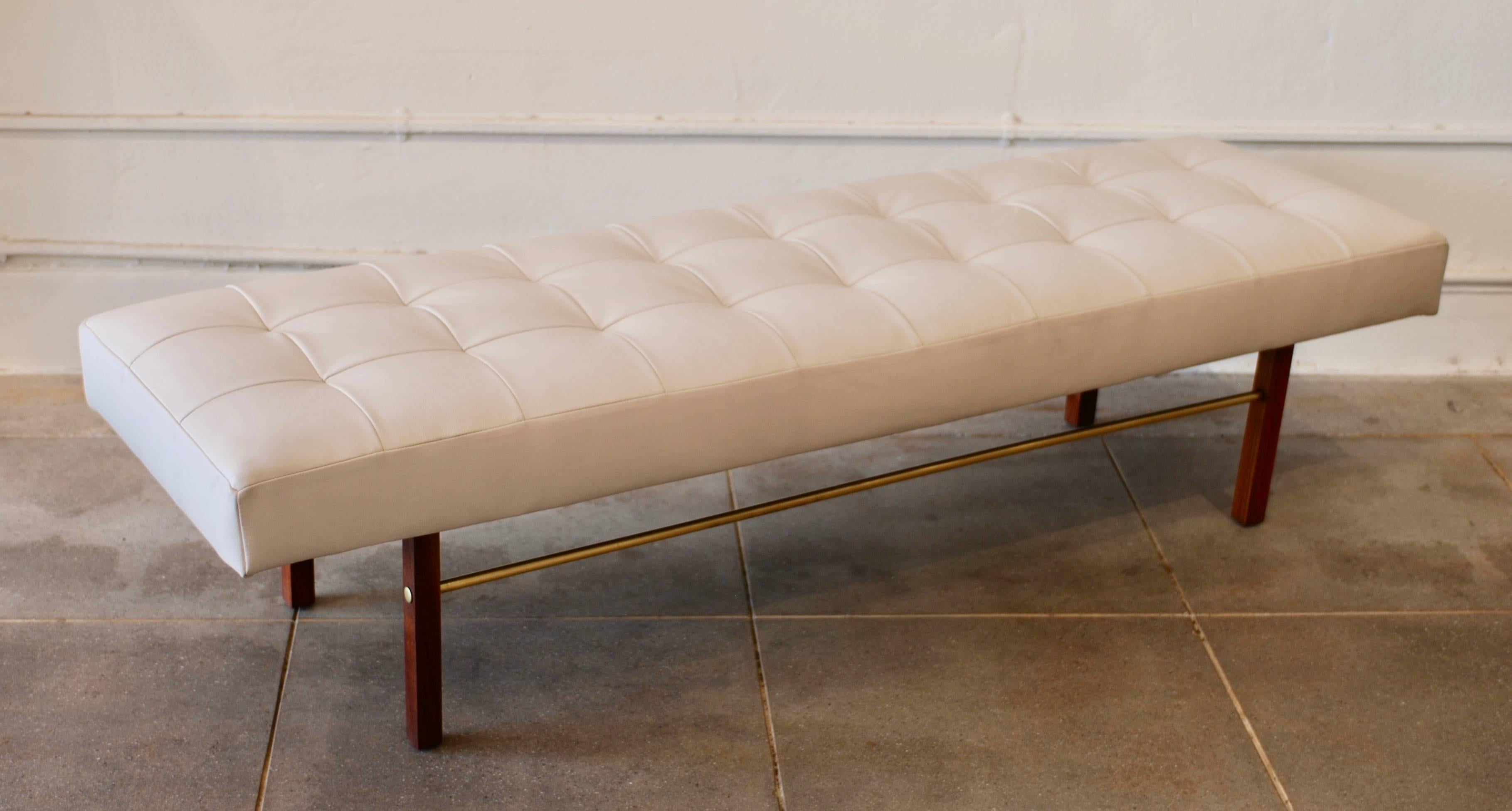 American Tufted White Leather and Walnut and Brass Bench