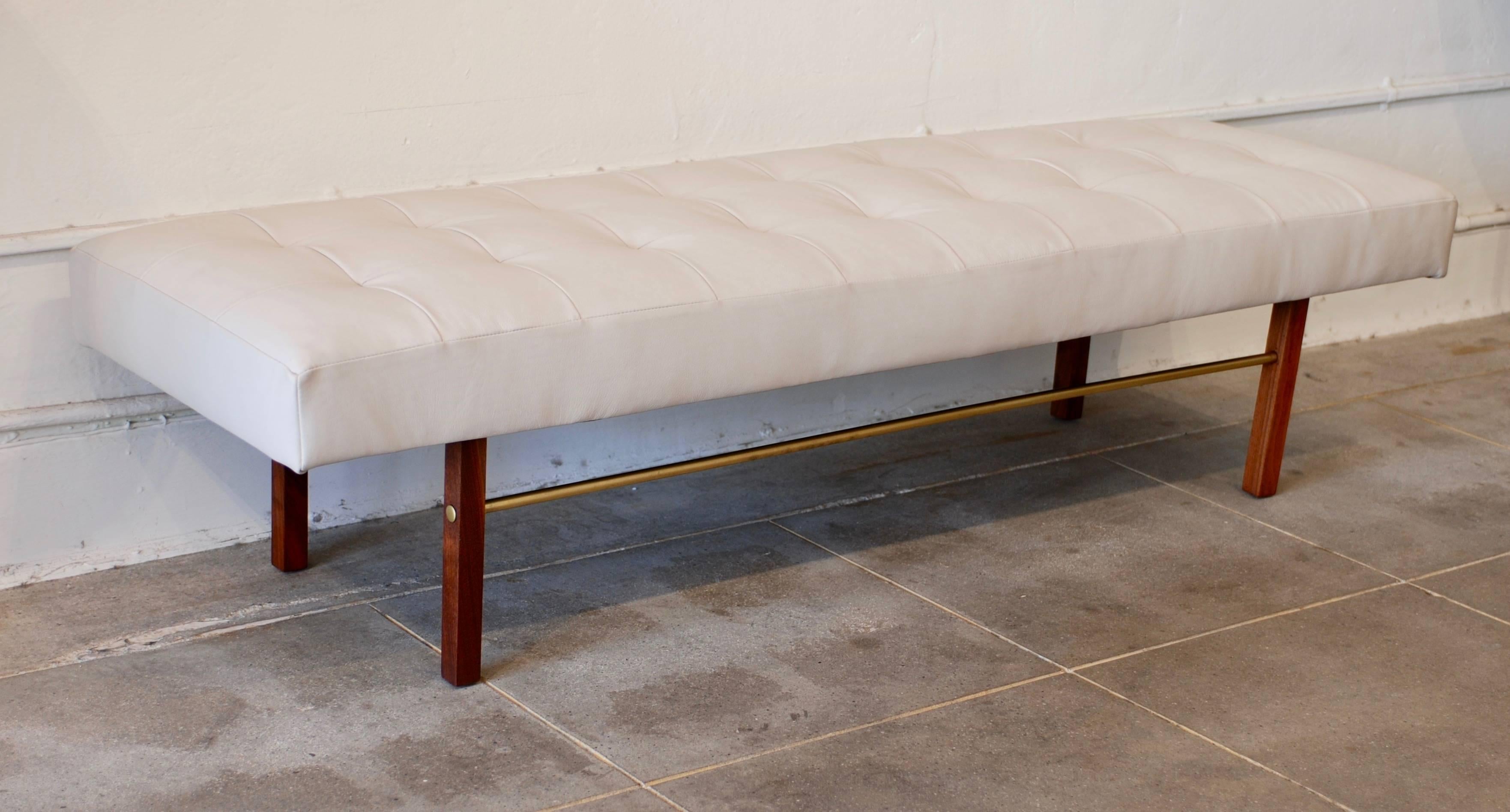Tufted White Leather and Walnut and Brass Bench In Good Condition In Palm Springs, CA