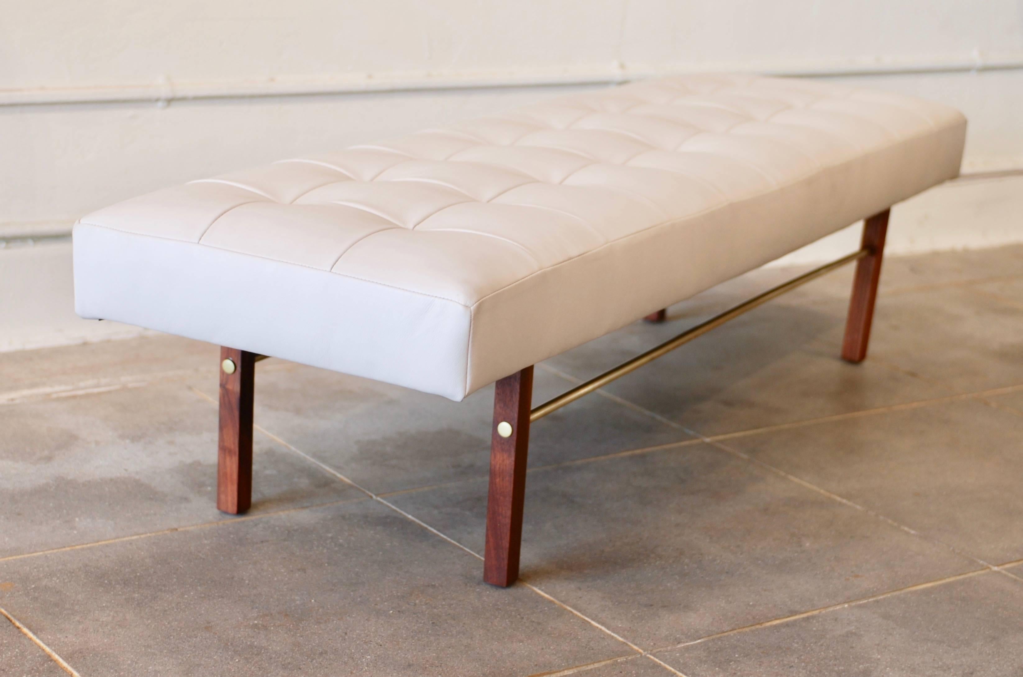 Tufted White Leather and Walnut and Brass Bench 1