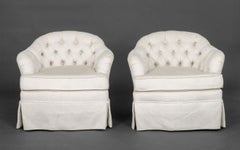 Tufted White Upholstered Swivel Chairs, Pair
