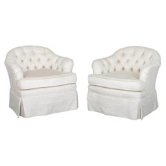 Tufted White Upholstered Swivel Chairs, Pair
