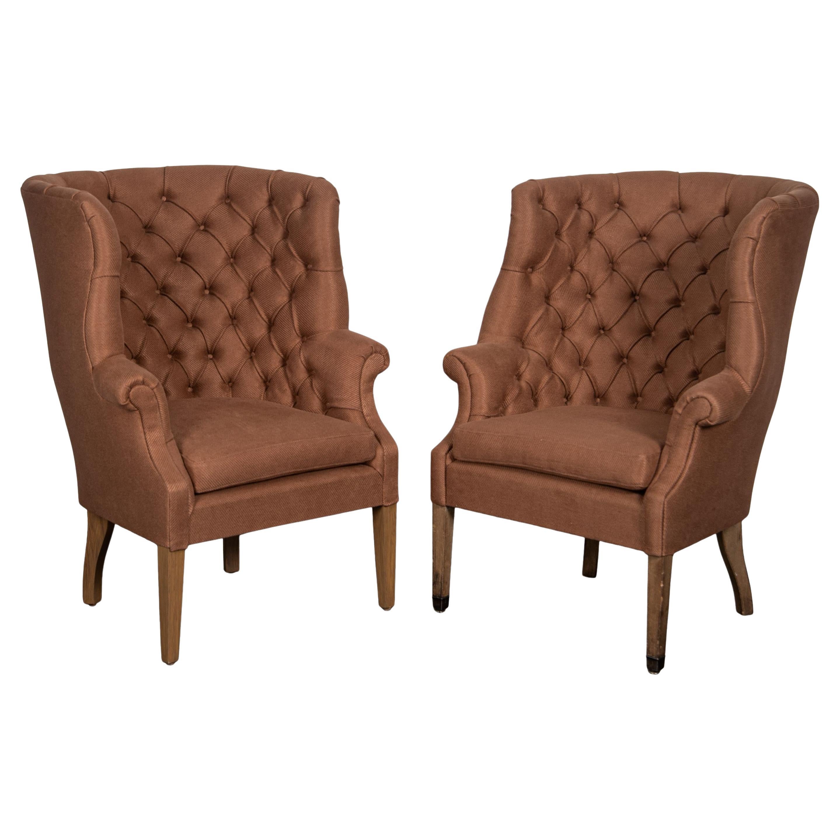 Tufted Wingback Armchair in Rust Belgian Linen - Set of 2