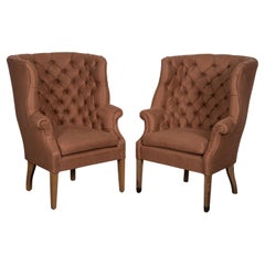 Tufted Wingback Armchair in Rust Belgian Linen - Set of 2