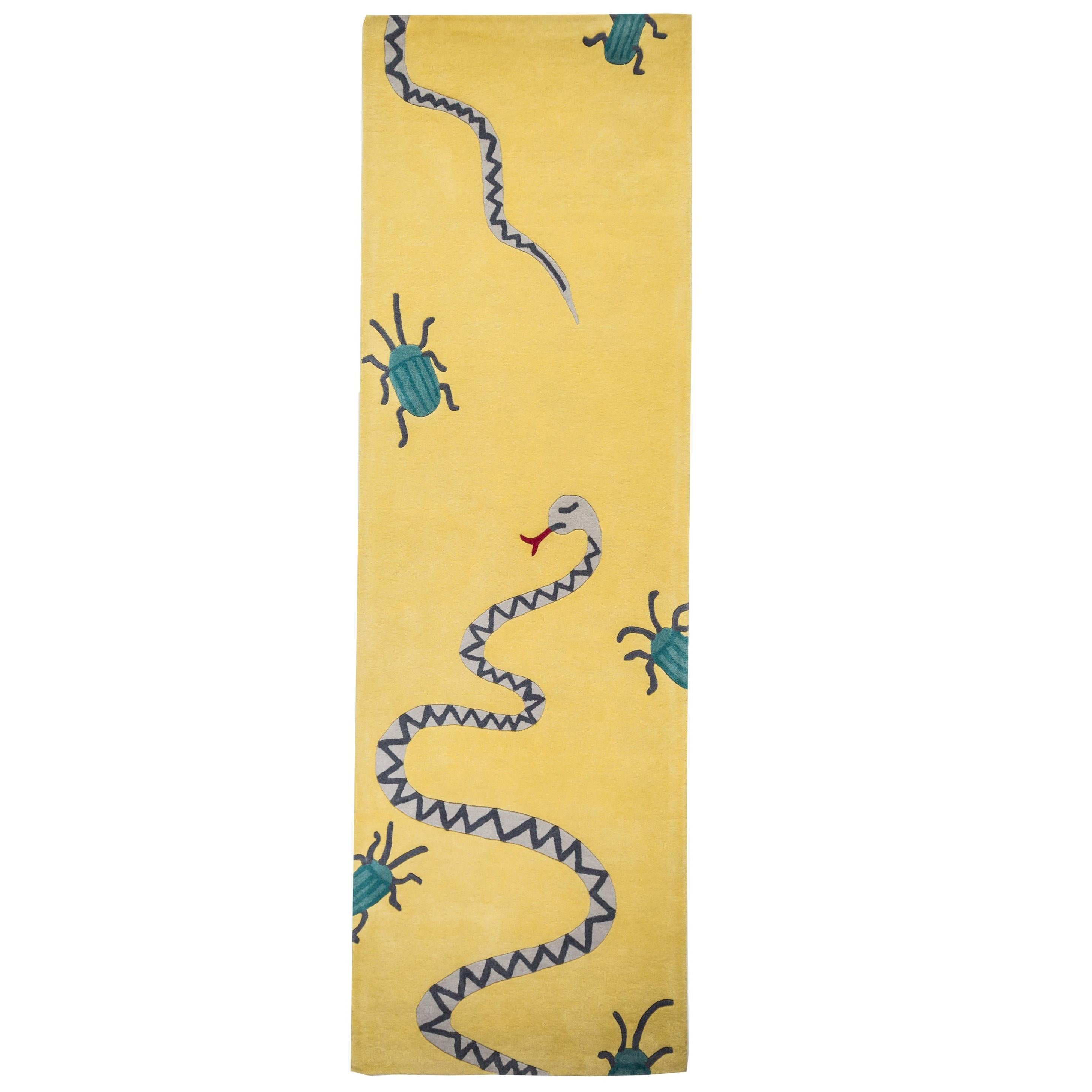 Rug Scandinavian Summer - Modern Tufted Yellow Wool with Snake and Bugs carpet