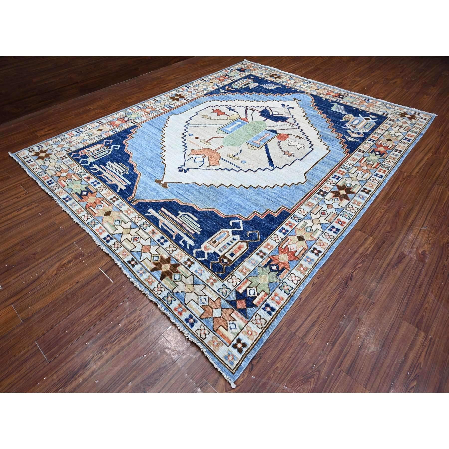 Medieval Tufts Blue Anatolian Village Inspired Wool Hand Knotted Oriental Rug 9'1