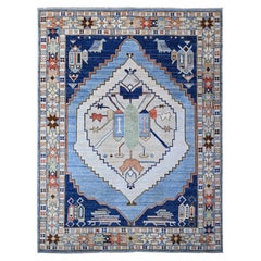 Alfombra Oriental Anudada a Mano de Lana Inspirada en los Pueblos de Anatolia 9'1 "x11'4" Azul Tufts