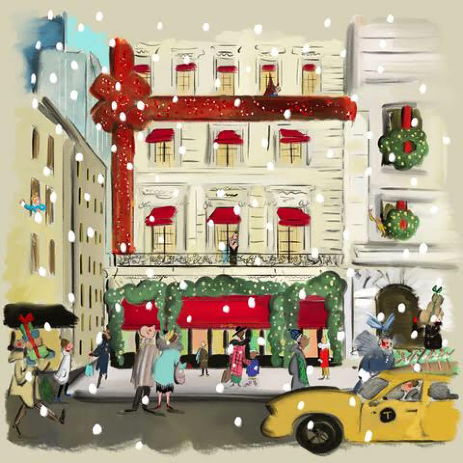 Tug Rice Figurative Print – Weihnachtsszene in der Fifth Avenue