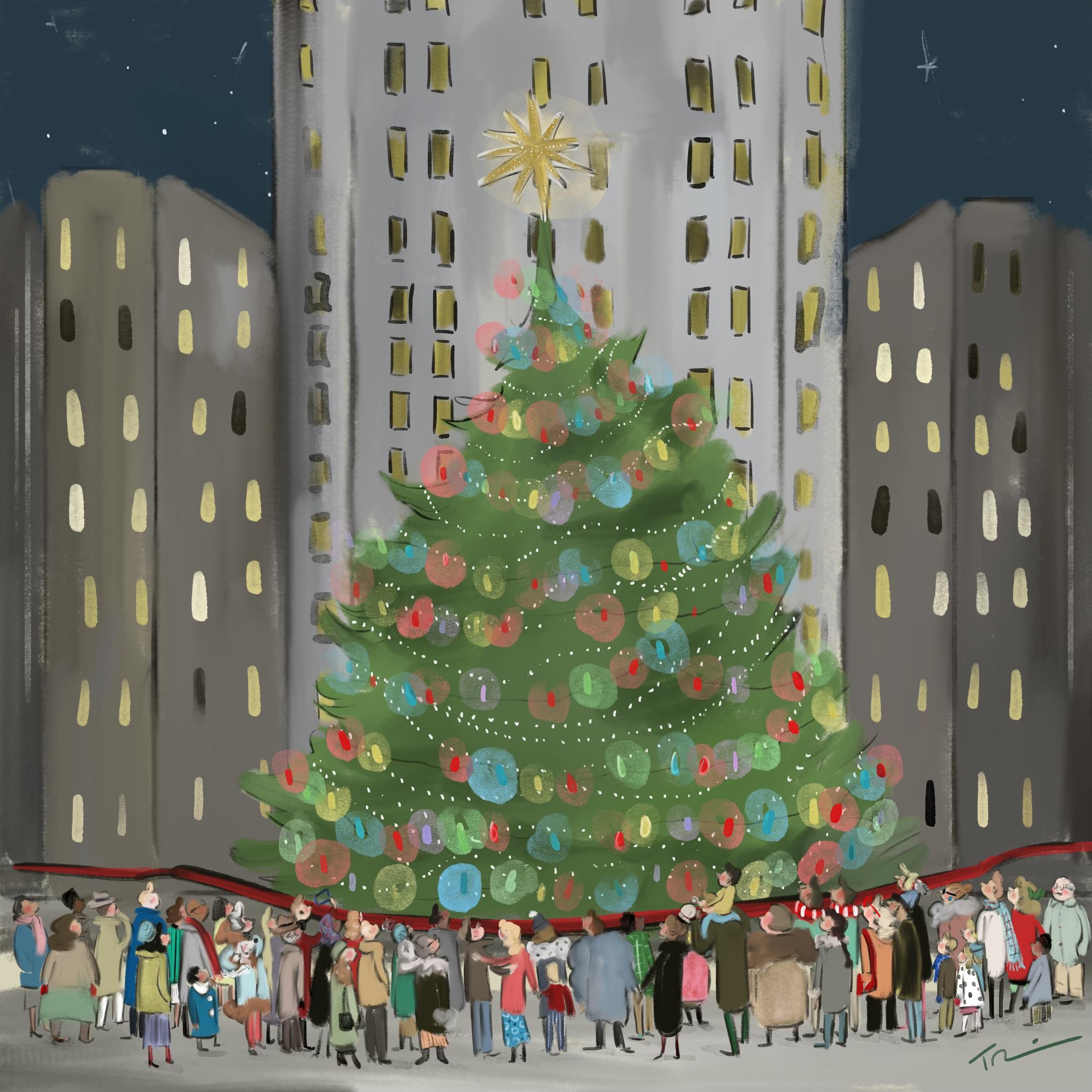 Tug Rice Figurative Print - Rockefeller Center Christmas Tree Lighting