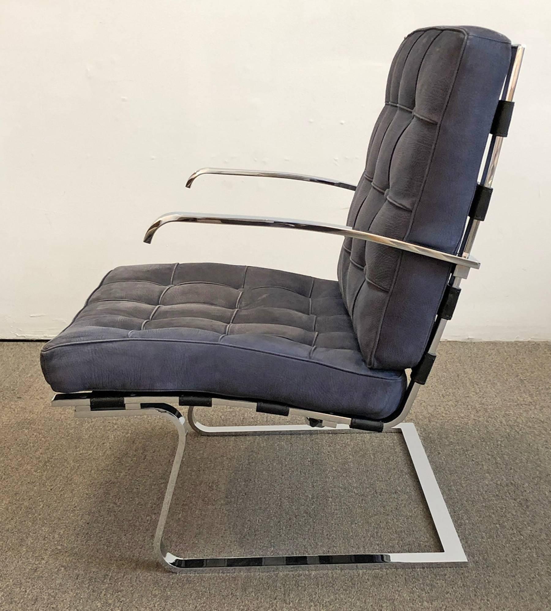 Model MR70 Tugendhat chair designed by Mies van der Rohe and Lilly Reich. Manufactured by Alivar in the 1990s, the company that authorized to reproduce the furniture for the restoration of the Tugendhat Villa. The material is dark blue suede and is