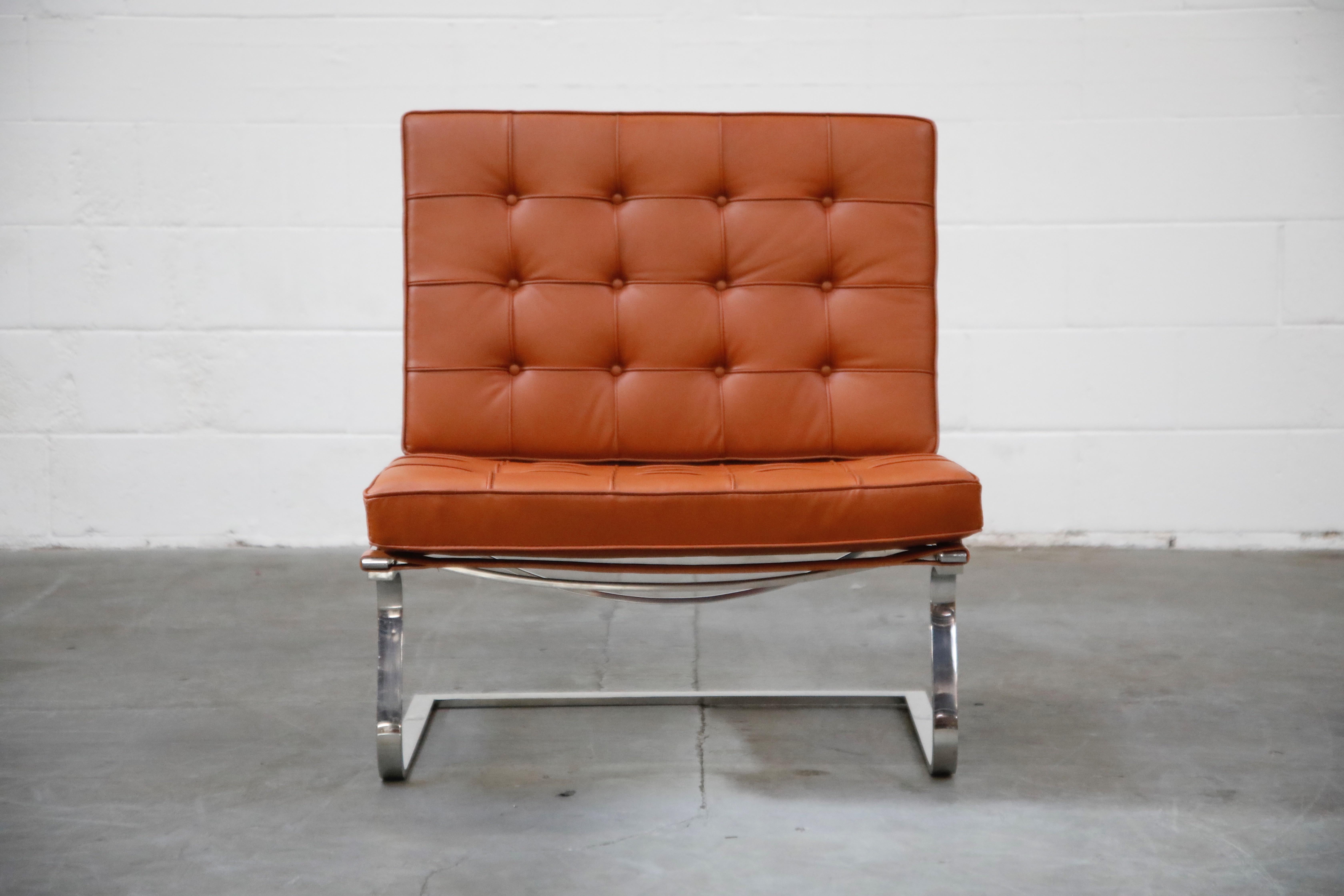 This rare and spectacular 'Tugendhat' lounge chair, Model MR70, by Ludwig Mies van der Rohe for Knoll Associates, circa 1960, is signed with original Knoll Associates label under the seat cushion. This fantastic cantilevered lounge chair is similar