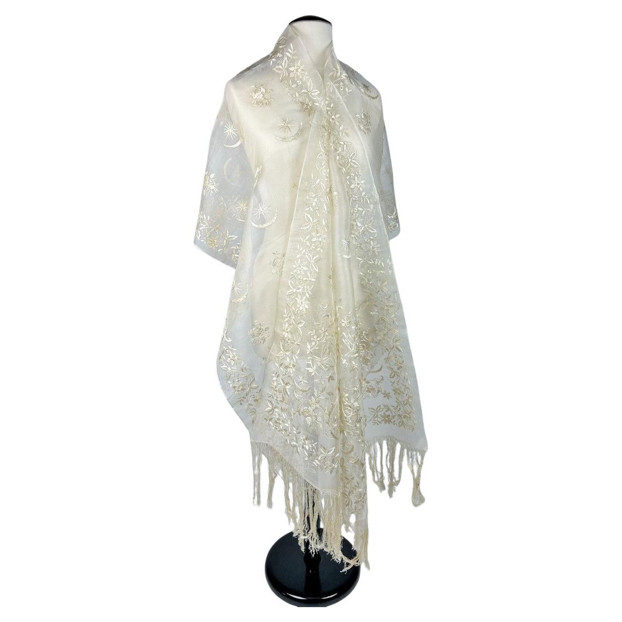 Tugra Embroidered Silk Organza Stole - Ottoman Empire Early 20th Century For Sale