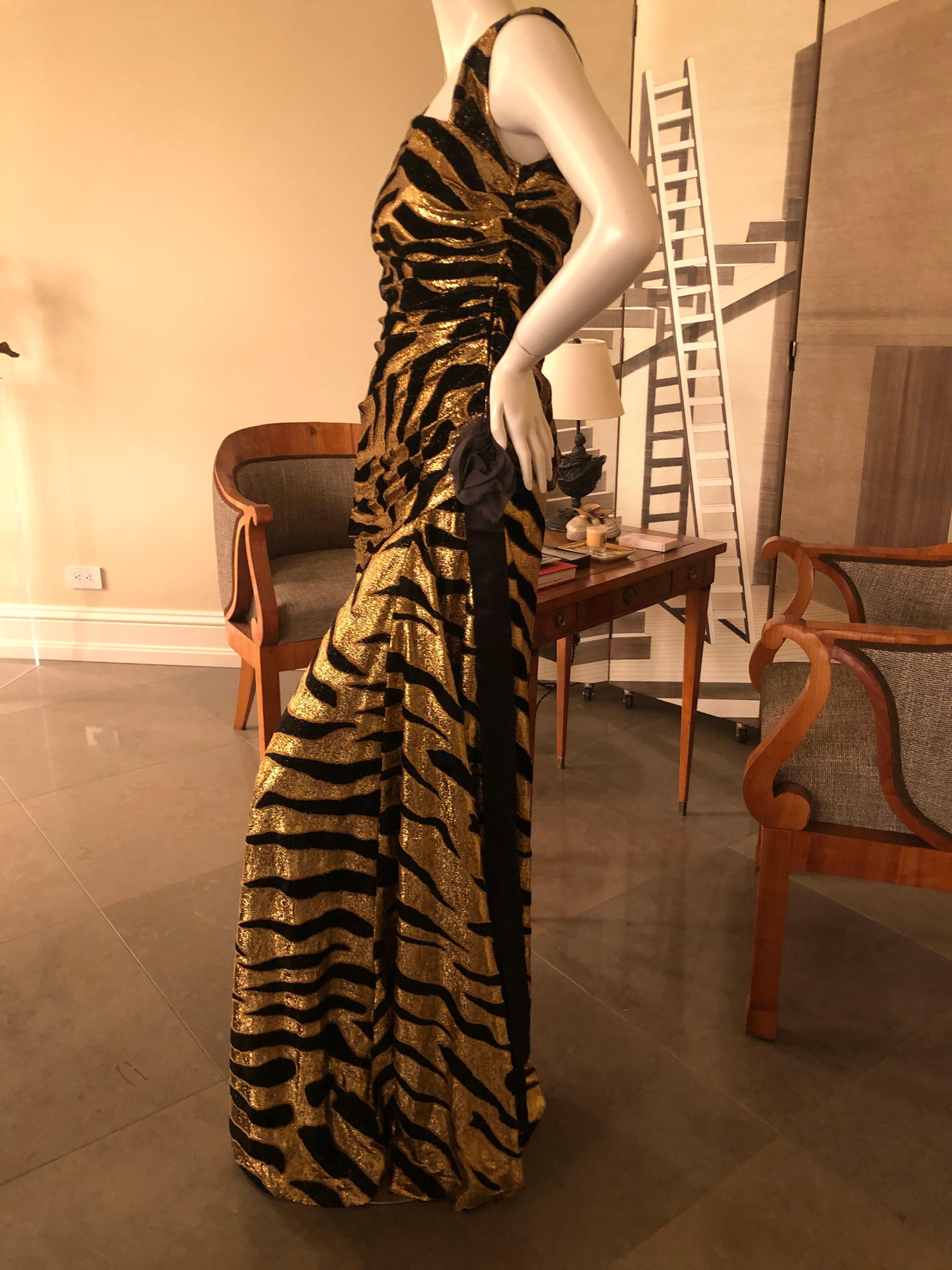 Tuleh Vintage Glittery Gold Tiger Stripe Velvet Draped Evening Dress For Sale 2