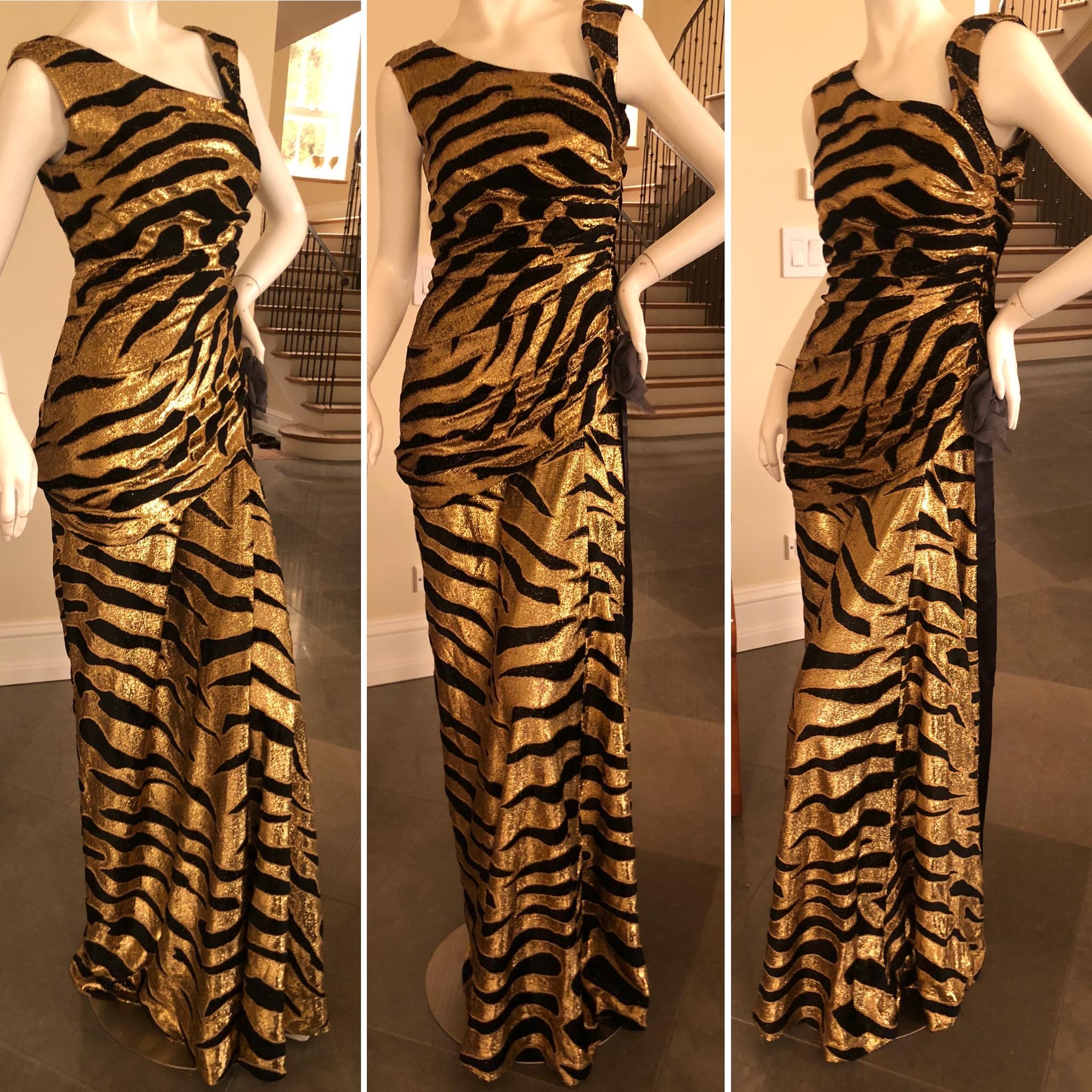 Tuleh Vintage Gold Flecked Tiger Stripe Velvet Draped Evening Dress.
This is so pretty, with a lovely shimmery color to the gold.
 Size 8
 Bust 38