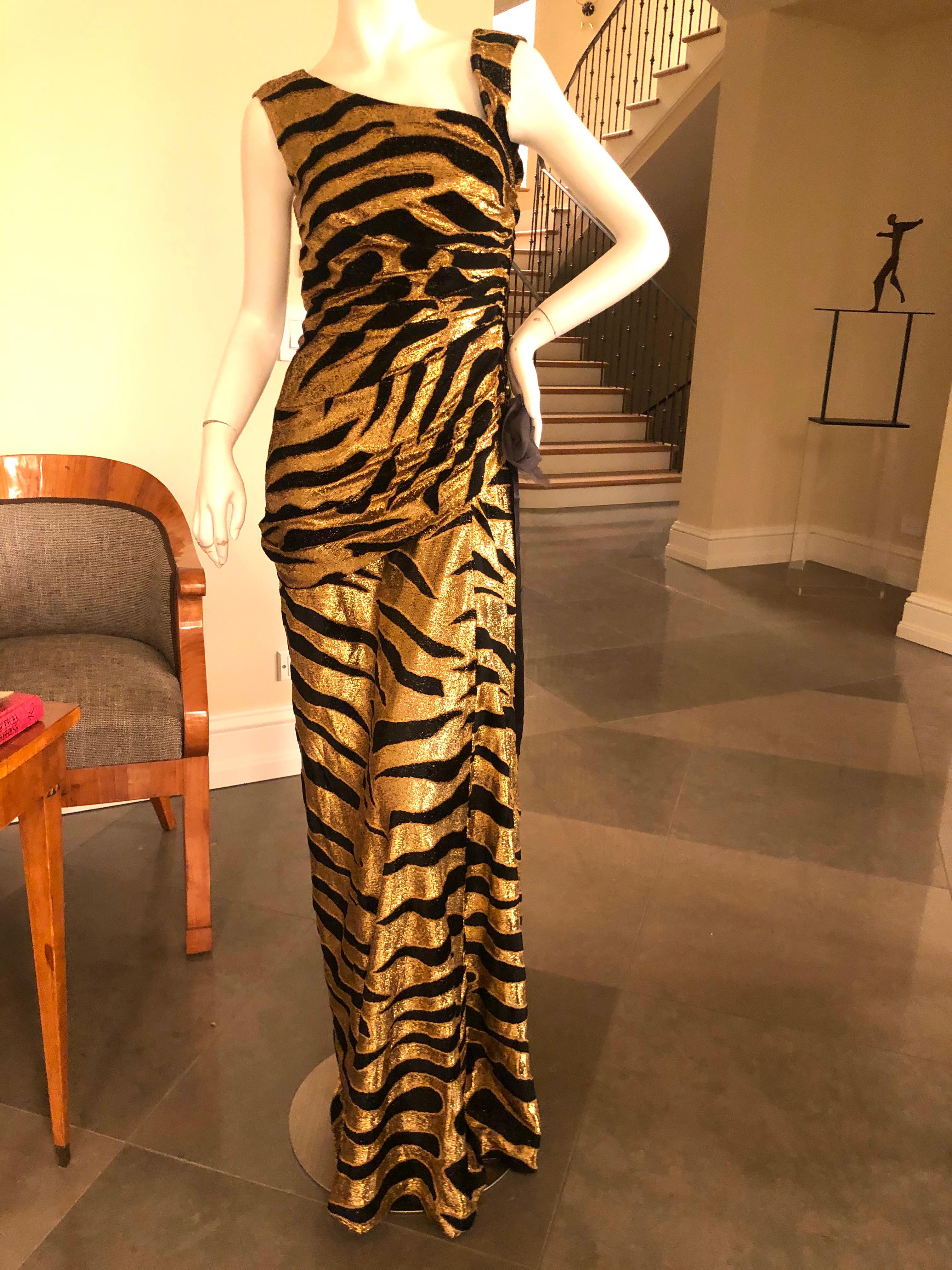 Brown Tuleh Vintage Glittery Gold Tiger Stripe Velvet Draped Evening Dress For Sale