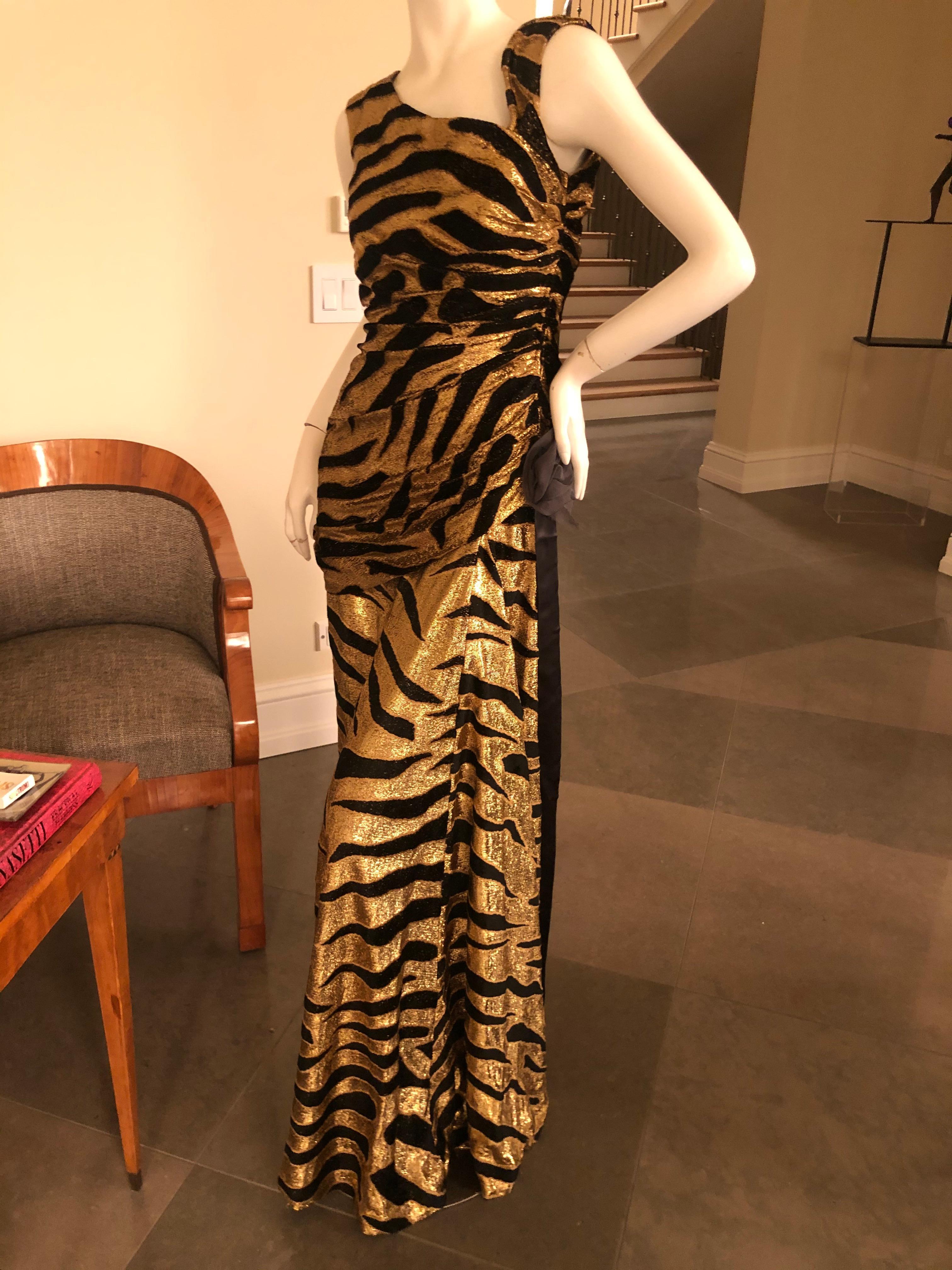 Tuleh Vintage Glittery Gold Tiger Stripe Velvet Draped Evening Dress In Excellent Condition For Sale In Cloverdale, CA