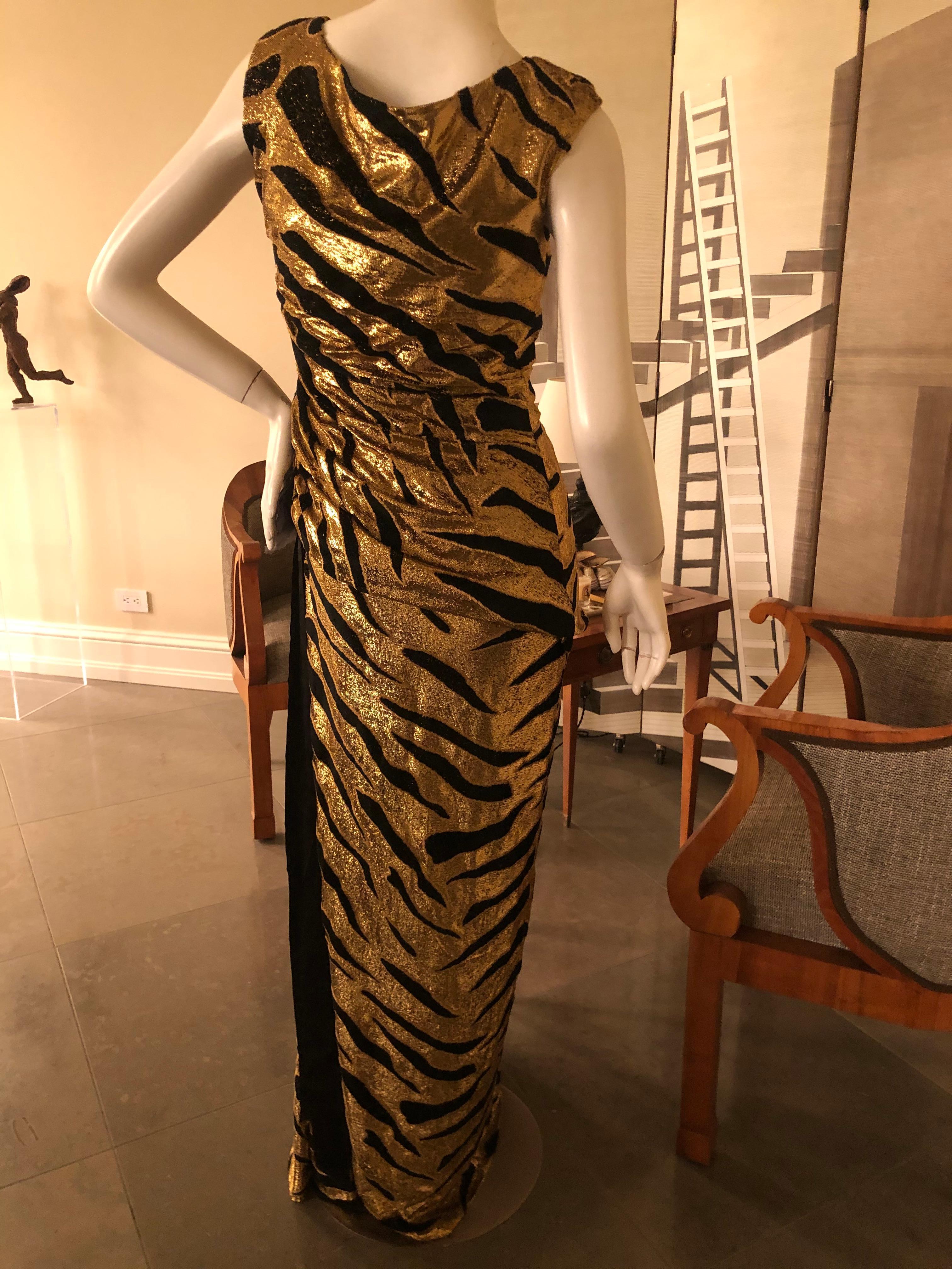 Women's Tuleh Vintage Glittery Gold Tiger Stripe Velvet Draped Evening Dress For Sale