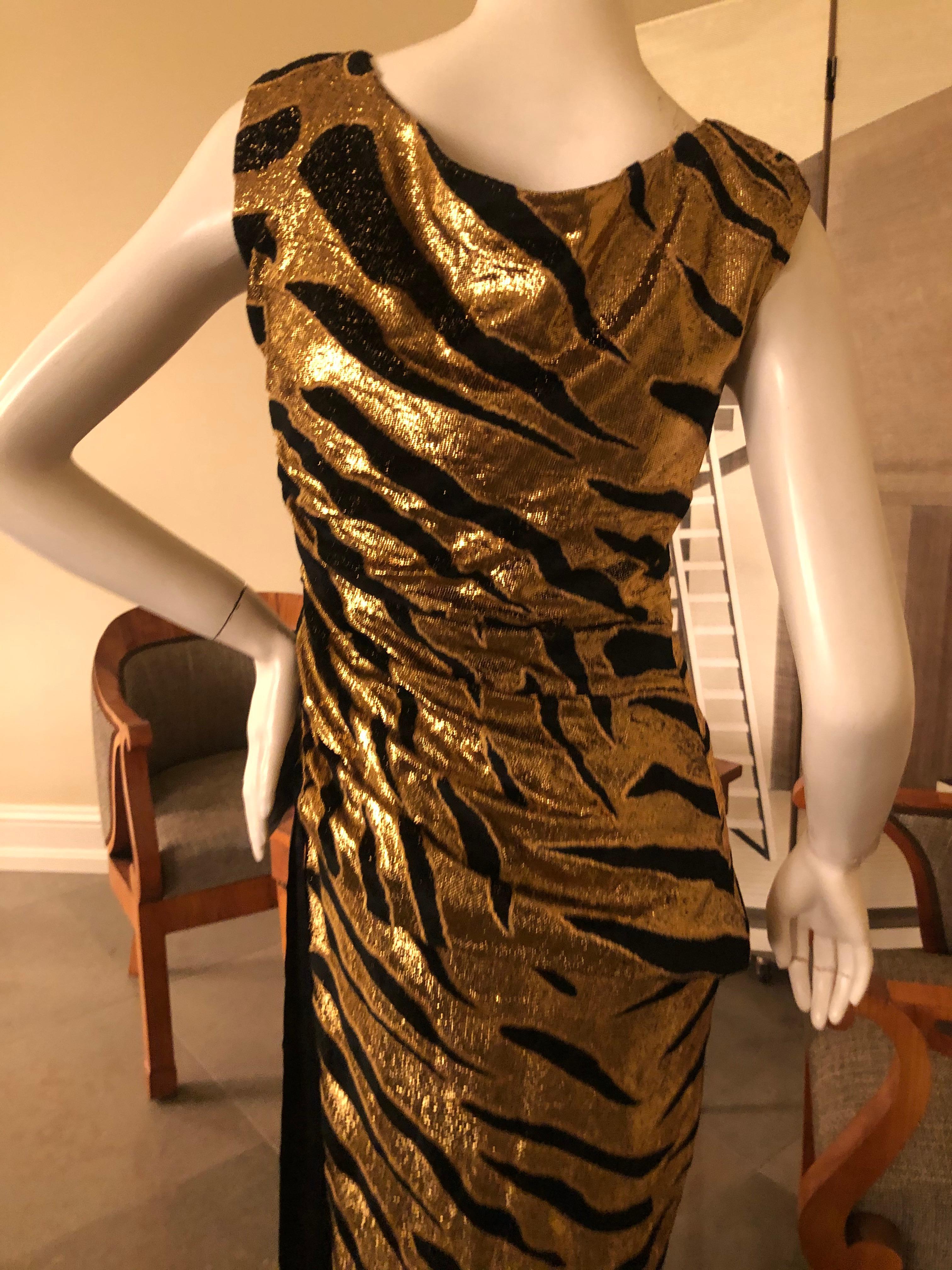 Tuleh Vintage Glittery Gold Tiger Stripe Velvet Draped Evening Dress For Sale 1