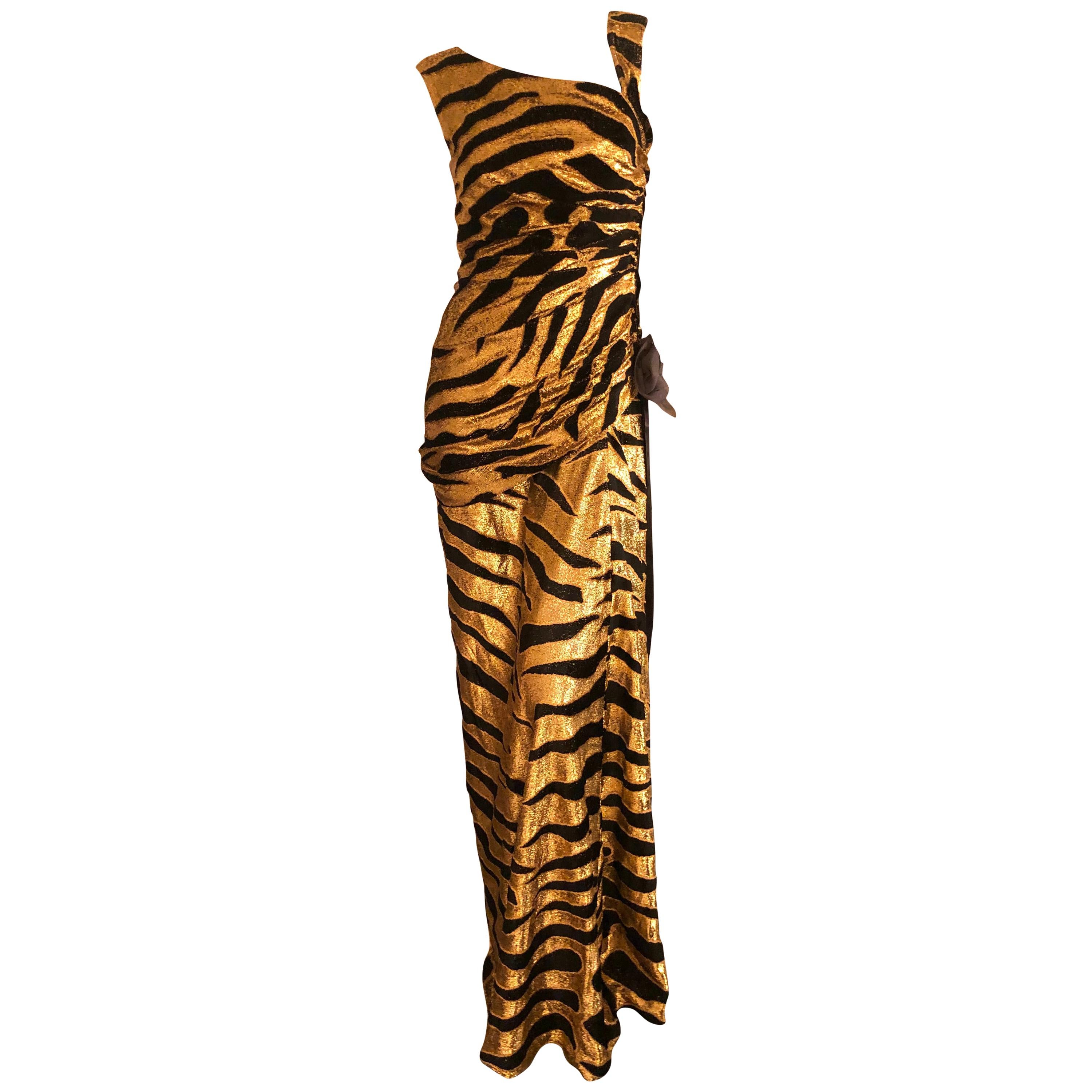 Tuleh Vintage Glittery Gold Tiger Stripe Velvet Draped Evening Dress For Sale