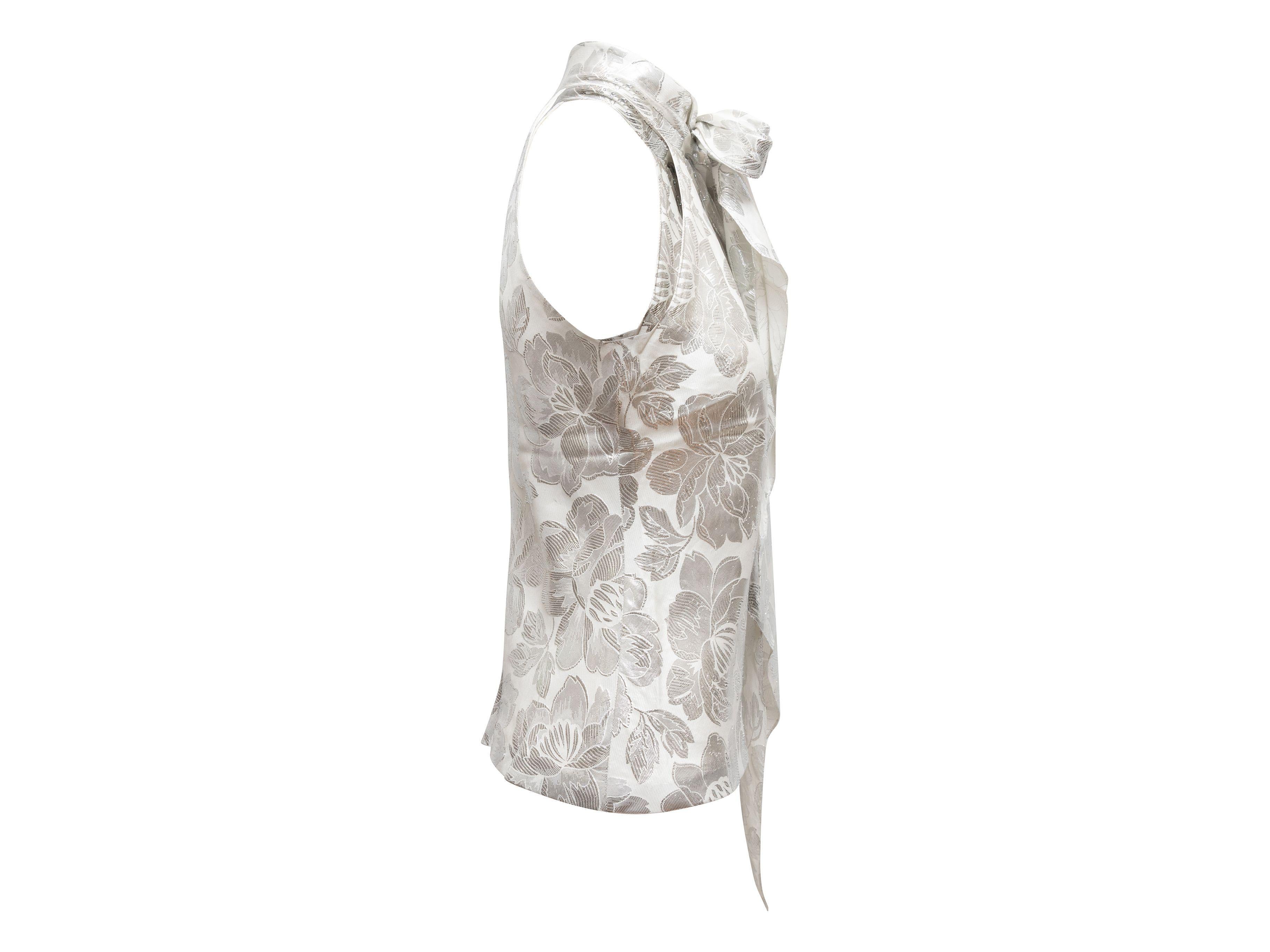 Women's Tuleh White & Silver Silk Floral Patterned Halter Top