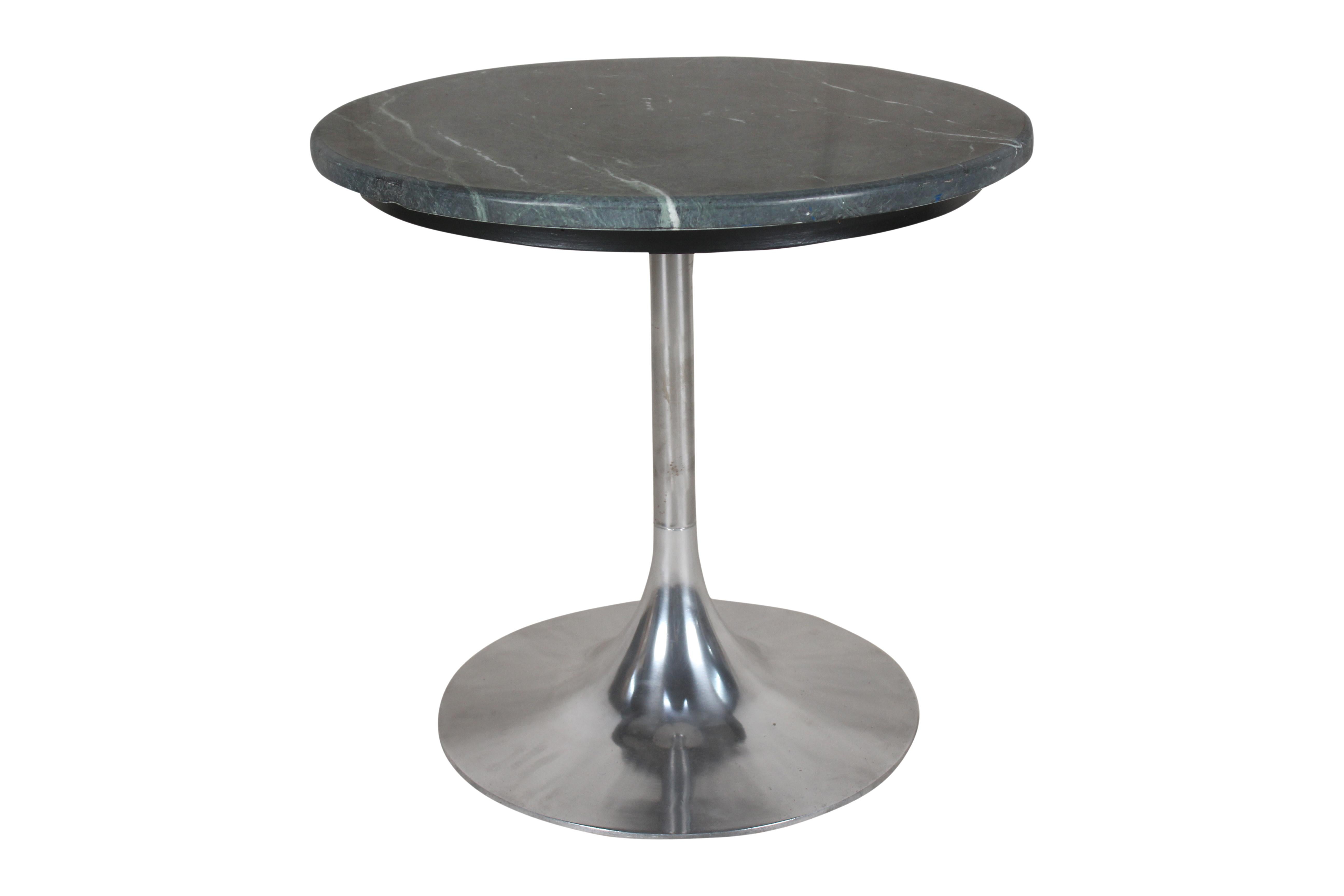Two pieces to use as side or end tables or as a coffee table, featuring a chrome tulip or trumpet base. Green marble tops with lovely matrix. Priced individually since you may not need a pair. Mid-Century Modern.